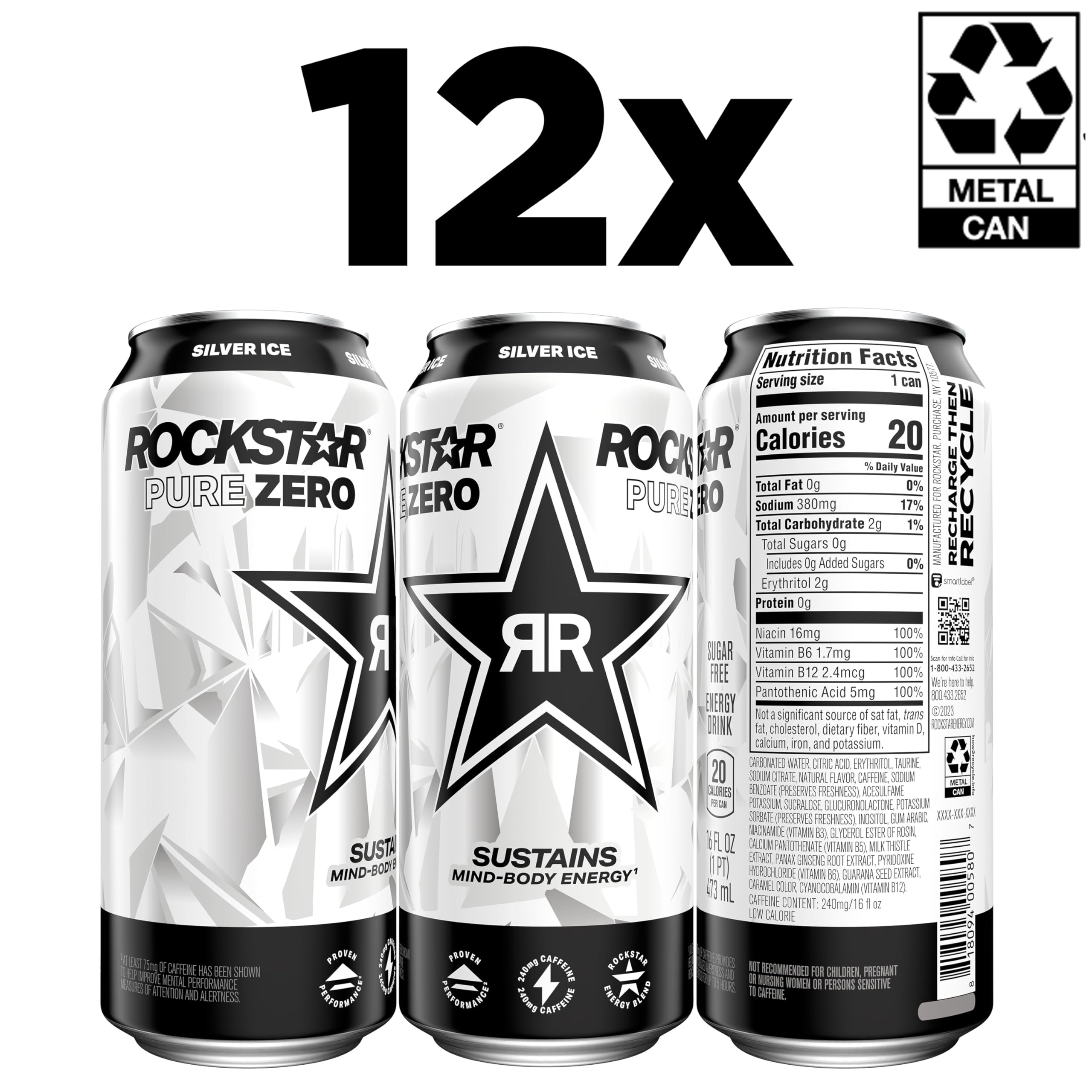 Rockstar Pure Zero Energy Drink, Silver Ice, 0 Sugar, with Caffeine and Taurine, 16oz Cans (Pack of 12) (Packaging May Vary)