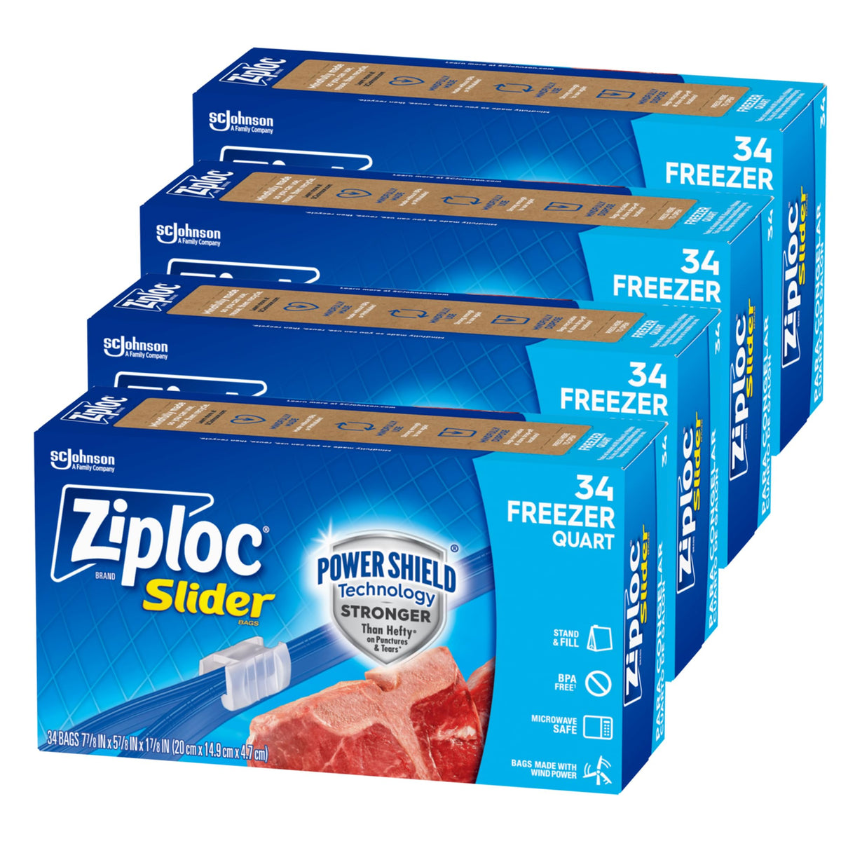 Ziploc Quart Food Storage Freezer Slider Bags, Power Shield Technology for More Durability, 34 count, 4 Pack, 136 Total (Packaging May Vary)