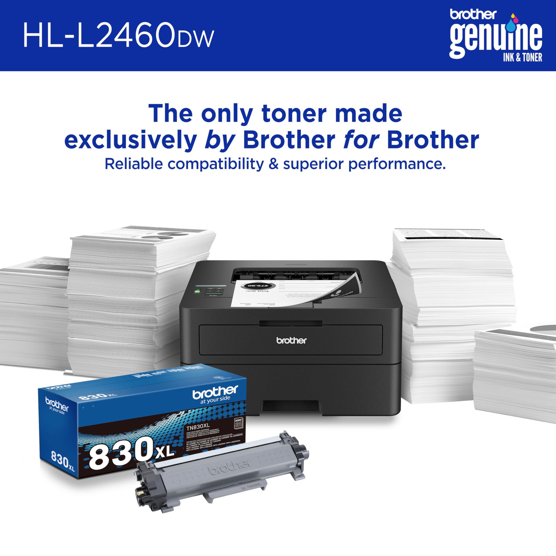 Brother HL-L2460DW Wireless Compact Monochrome Laser Printer with Duplex, Mobile Printing, Black & White Output