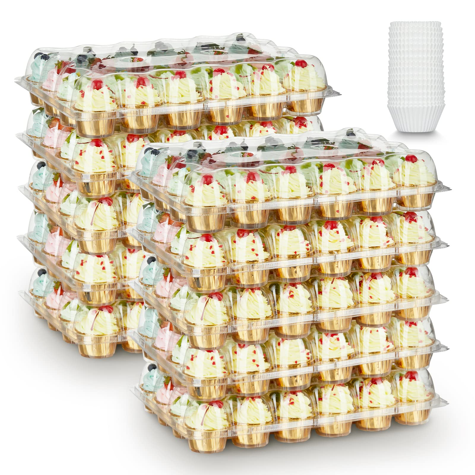 Gencywe (24 Pack x 10 Sets) Stackable Cupcake Carrier Holders with 240 Pack Cupcake Liners, Plastic Cupcake Boxes Holders for 24 Cupcakes, High Tall Dome Lid Cupcake Containers, Clear Cupcake Trays