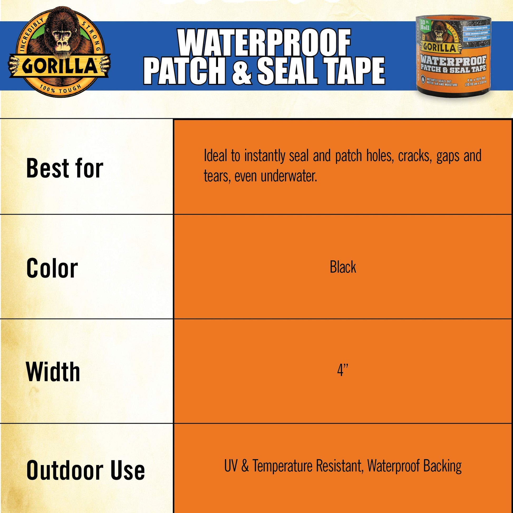 Gorilla Waterproof Patch & Seal Tape, Black Tape, 4" x 10' (Pack of 1) - Permanent Weather Resistant Seal for Leaks and Repairs