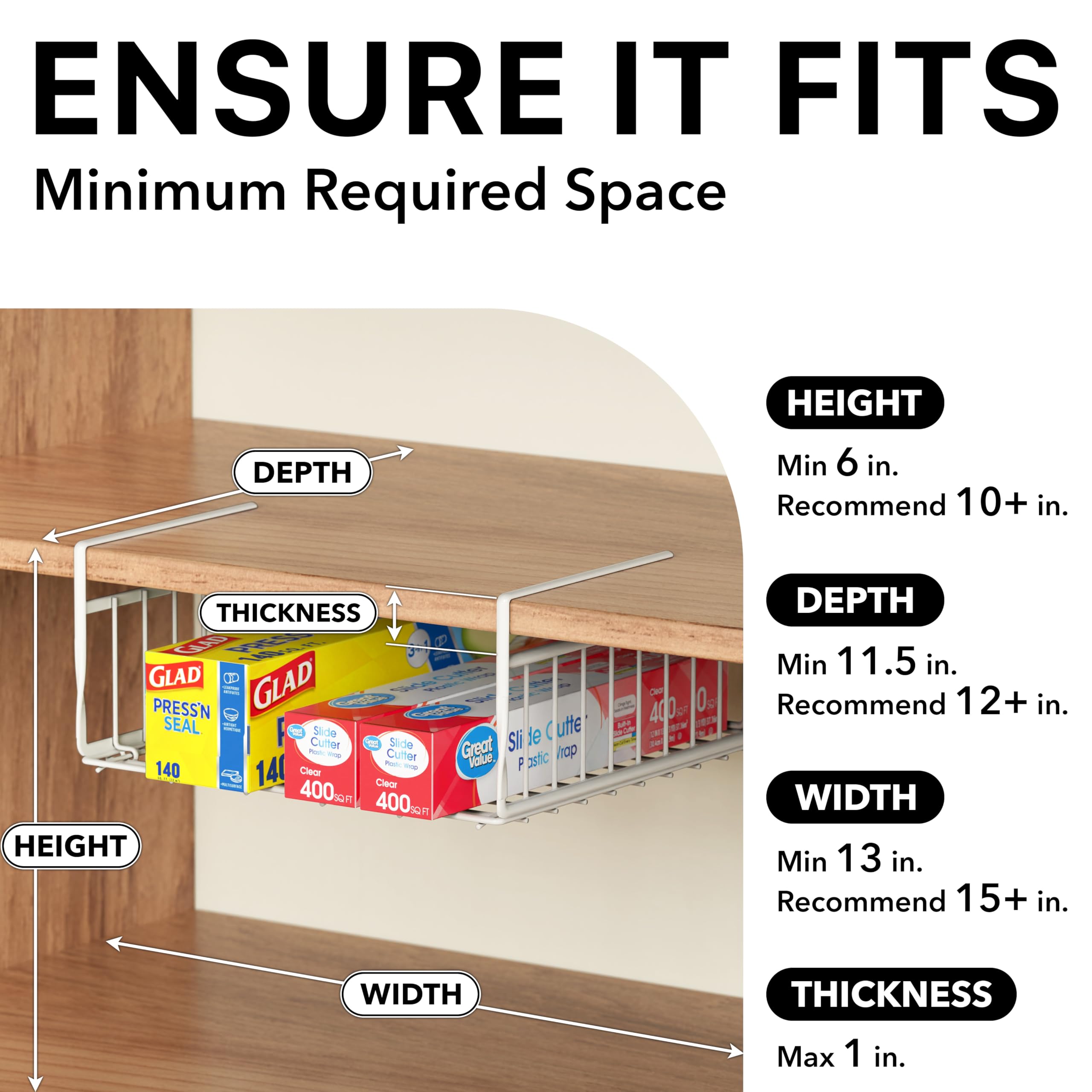 Simple Houseware Under Shelf Basket, White – 2-Pack Space-Saving Storage Organizer for Kitchen, Pantry, Closet, Office – Wire Metal Shelf Organizer, No Tools Required