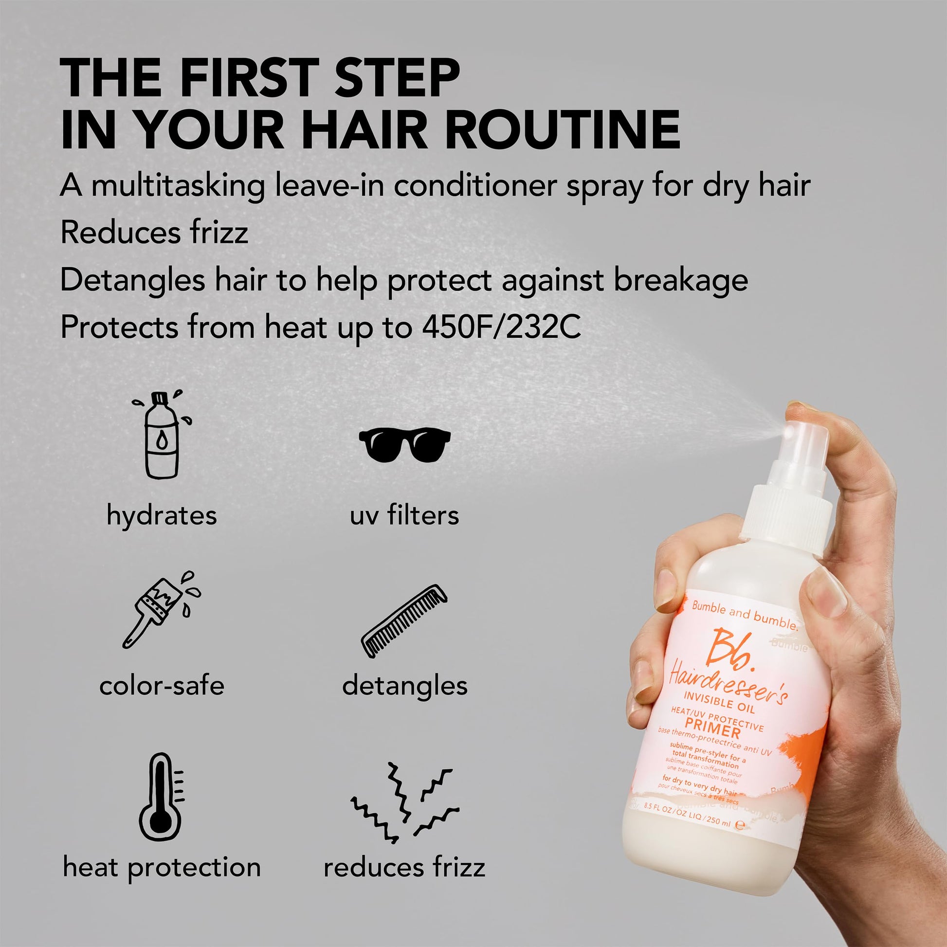 Bumble and bumble. Hairdresser's Invisible Oil Heat/UV Protection Leave-In Conditioner Hair Primer | Hydrating, Anti Frizz, Color Safe | Straight, Coily | With Argan Oil + Coconut Oil, 8.5 Fl Oz