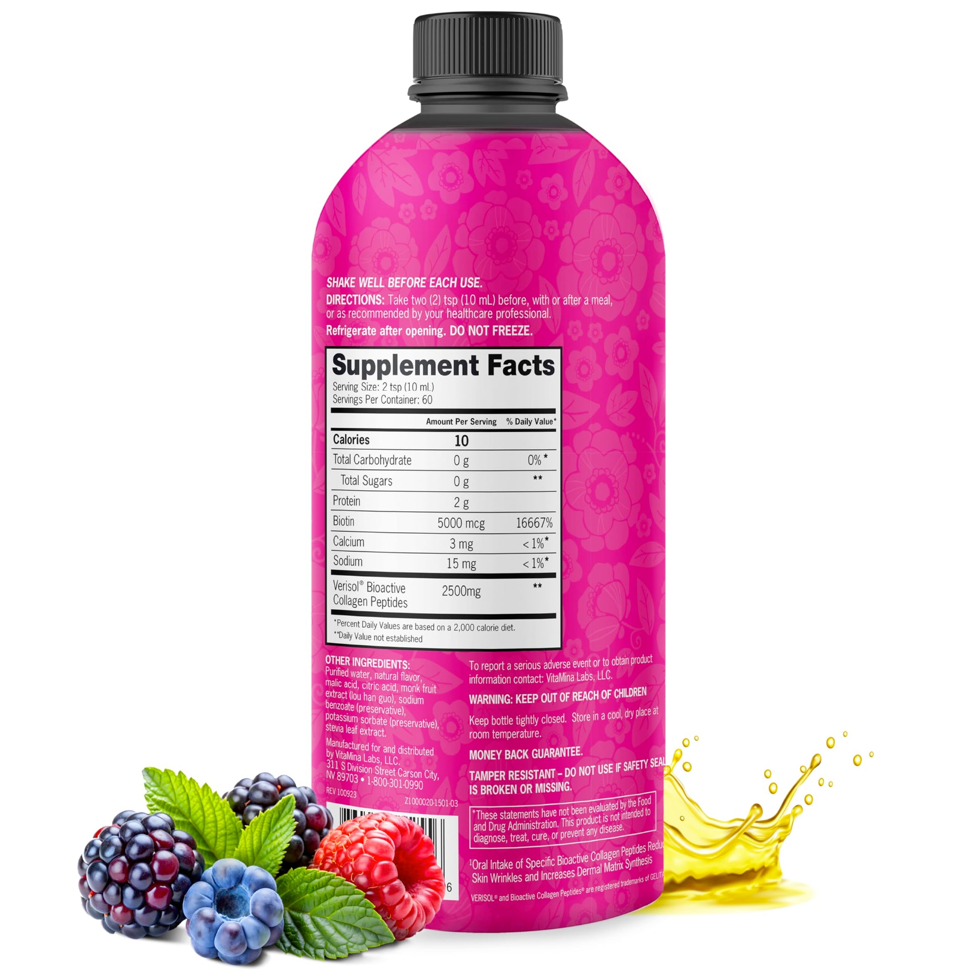 Zena Nutrition Liquid Collagen Peptides and Biotin, 2500mg Verisol Bioactive Collagen Peptides, 5000mcg Biotin, Hair, Skin, Nail Supplement for Women and Men, Mixed Berry, 60 Servings, 20.3 fl oz