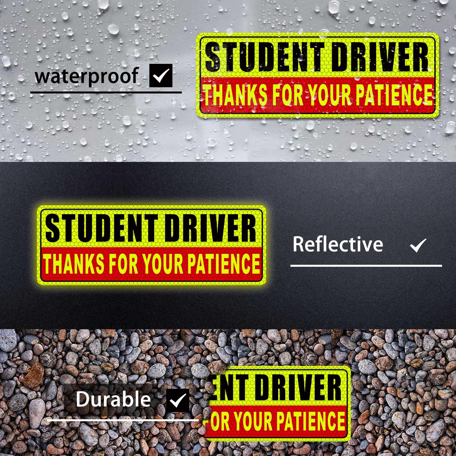 Student Driver Magnet for Car Safety Warning Please Be Patient New Driver Sticker Reusable Movable Reflective Magnetic Black & Red for Car Bumper 3 Pcs