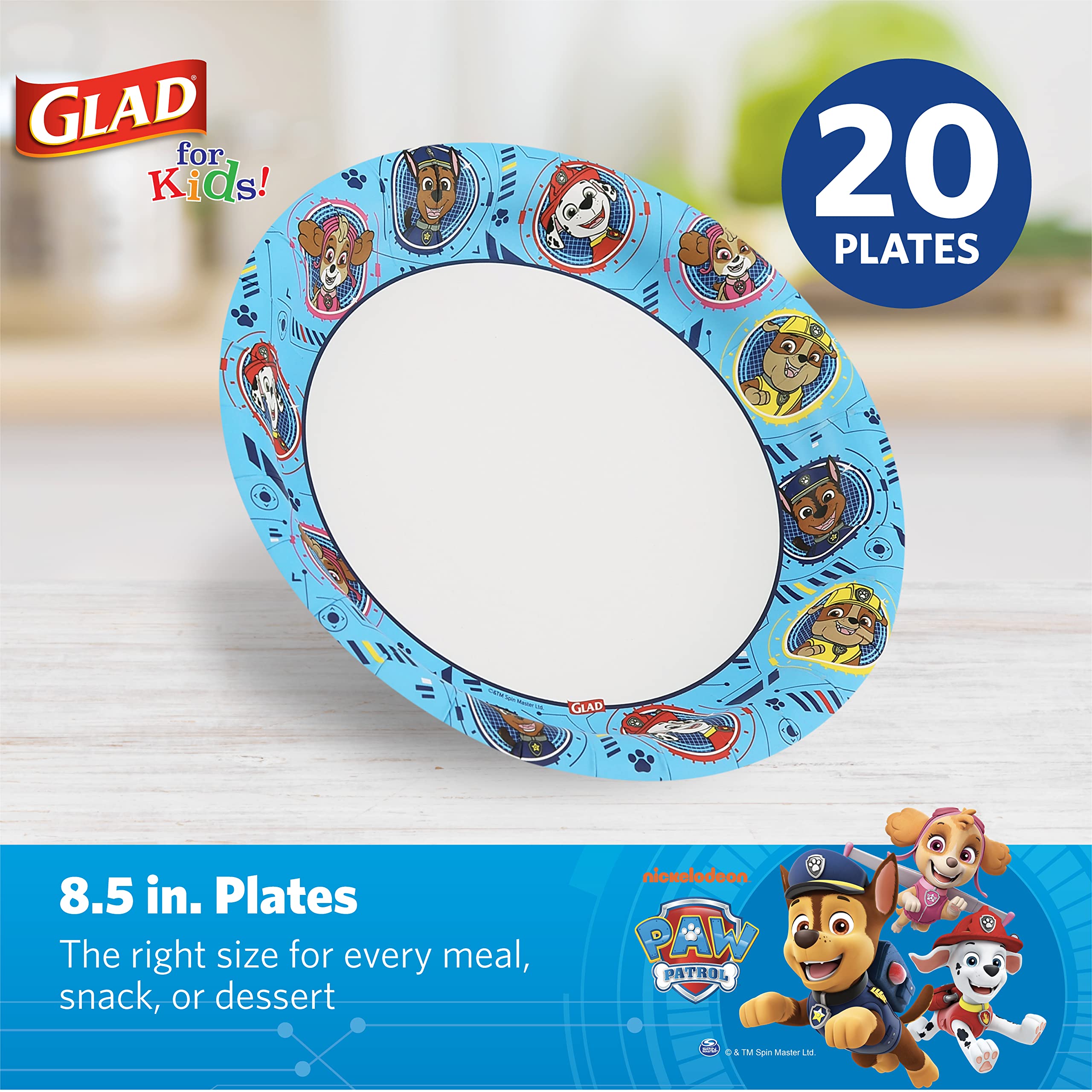Glad for Kids Paw Patrol Round Disposable Paper Plates, Core Pups Blue - Heavy Duty, Soak Proof, Microwavable Plates for Everyday Use, 8.5 Inch, 20 Count