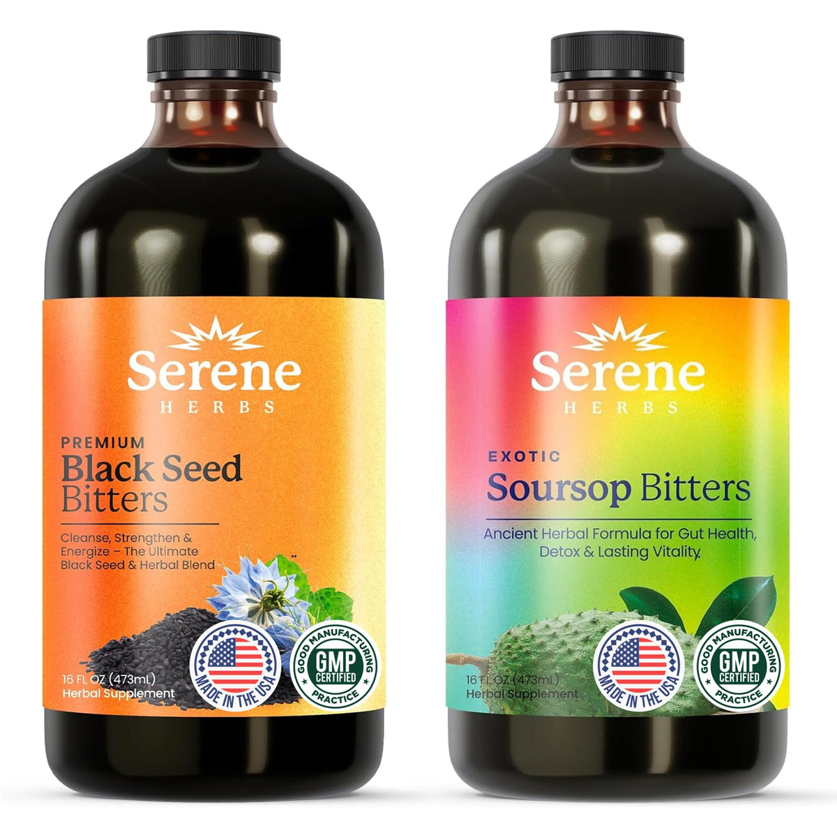 Serene Herbs Stachelannone Bitter Flüssigkeit & Schwarzkümmel-Bundle - Bio-Kräuter-Guanabana zur Verdauungsunterstützung & Immunstärkung - Vegan, gentechnikfrei - 946 ml (je 473 ml), 64 Portionen