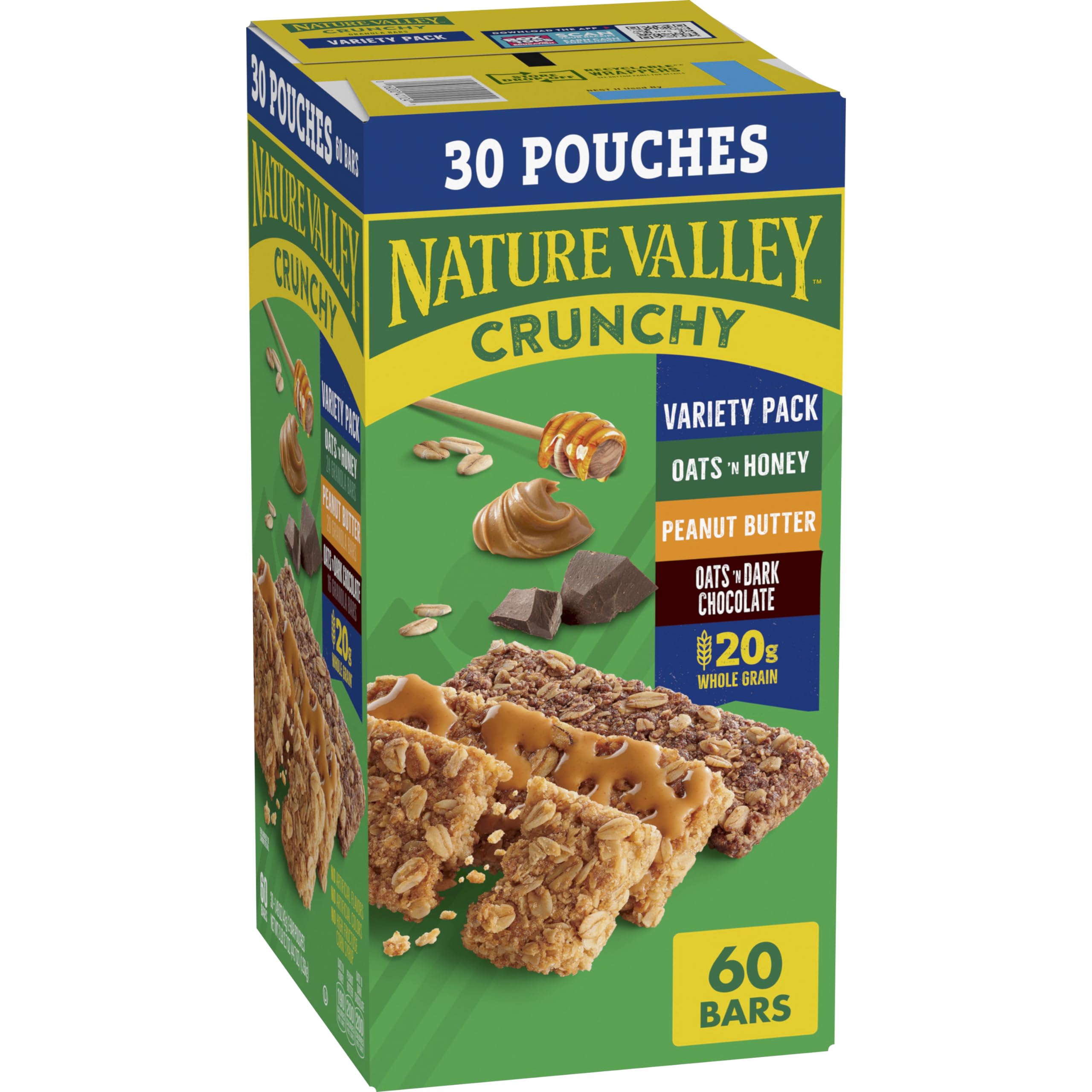 Nature Valley Crunchy Granola Bars Bulk Variety Pack, Oats 'n Honey, Peanut Butter & Oats 'n Dark Chocolate, 30 Two-Bar Wrapped Pouches (60 Bars Total), Whole Grain, No Artificial Flavors, 44.7 OZ
