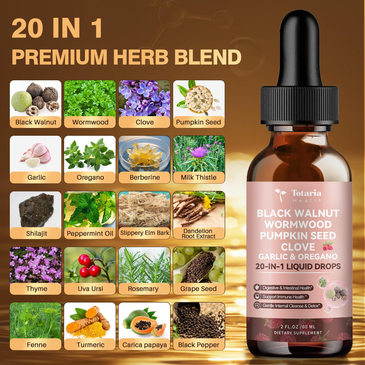 Totaria 20-in-1 Schwarznuss-Wermut-Tinktur – Nelke, Kürbiskern, Knoblauch, Oregano, Berberin – Sanfte Darmreinigung & Verdauungsgesundheit – Alkoholfrei, Darmfreundlich – Himbeergeschmack – 2FL