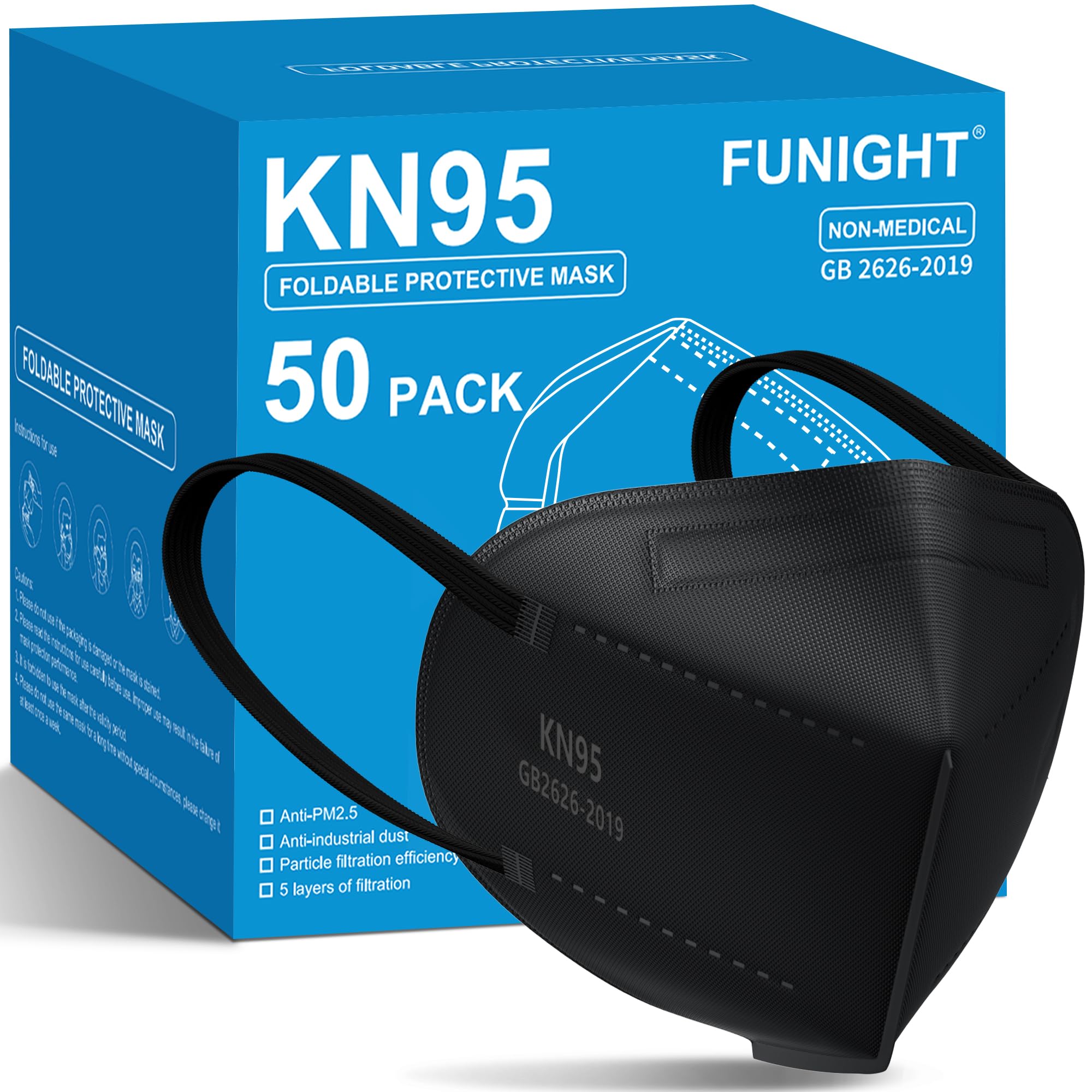 كمامات وجه KN95 من Funight، عبوة من 50 قناعًا، 5 طبقات، قابلة للتنفس، يمكن التخلص منها، لون أسود