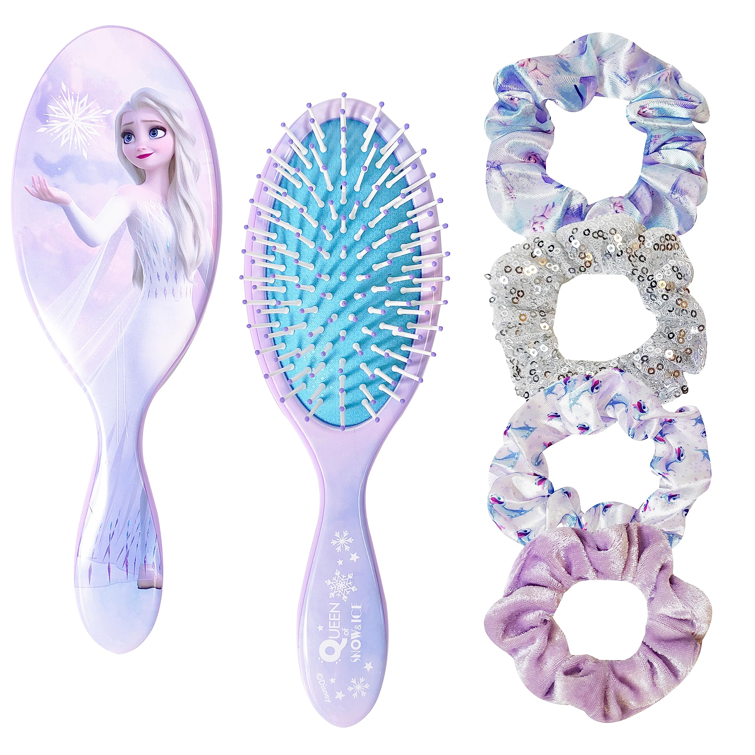 Frozen Prinzessin Elsa Haarschmuck 5-teiliges Set - 1 reguläre 9 Zoll Frozen Haarbürste & 4 Frozen Scrunchies - Entwirrungsbürste & elastische Haargummis für Mädchen, Alter 3+