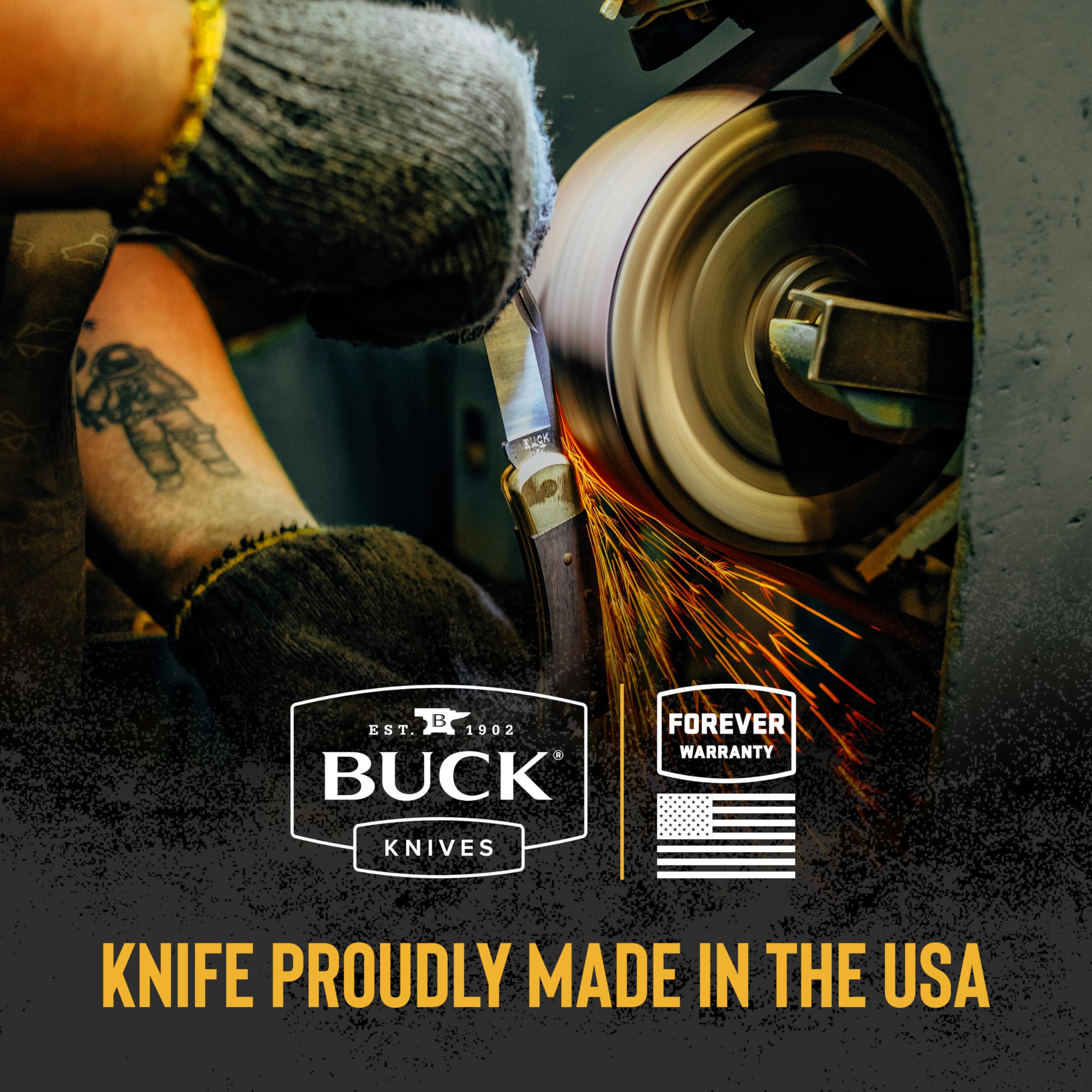 Buck Knives 110 Folding Hunter Knife, 3-3/4" Blade, Lockback Design, Ebony Handle, Brass Bolsters, 420HC Stainless Steel Clip Point Blade, Sheath Included, Hunting Knife Made in the USA, 7.2 oz