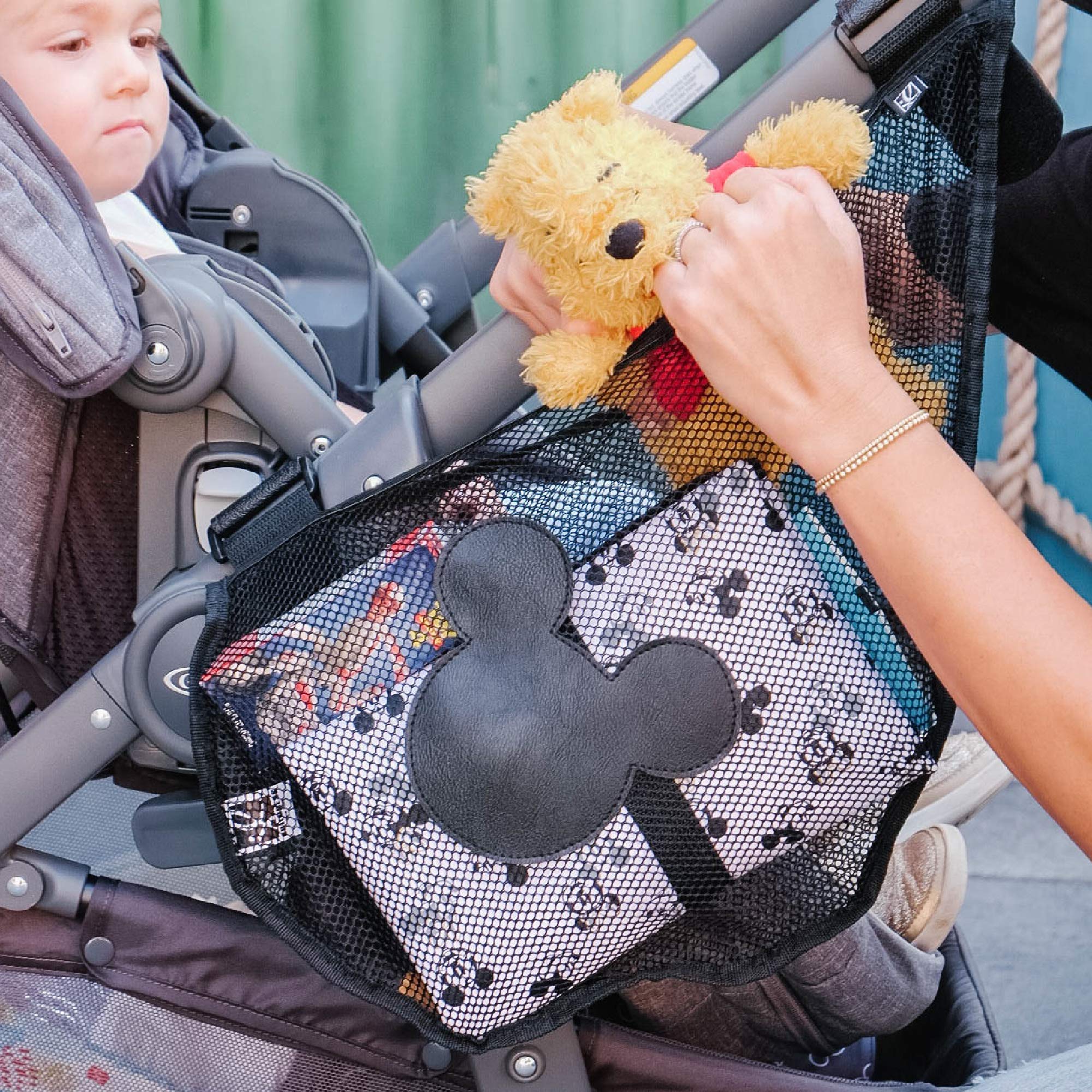 J.L. Childress Disney Baby Side Sling Stroller Cargo Net - Stroller Organizer Attachment for Storage, Mesh Bag for Baby Accessories, Universal Fit - Mickey, Black