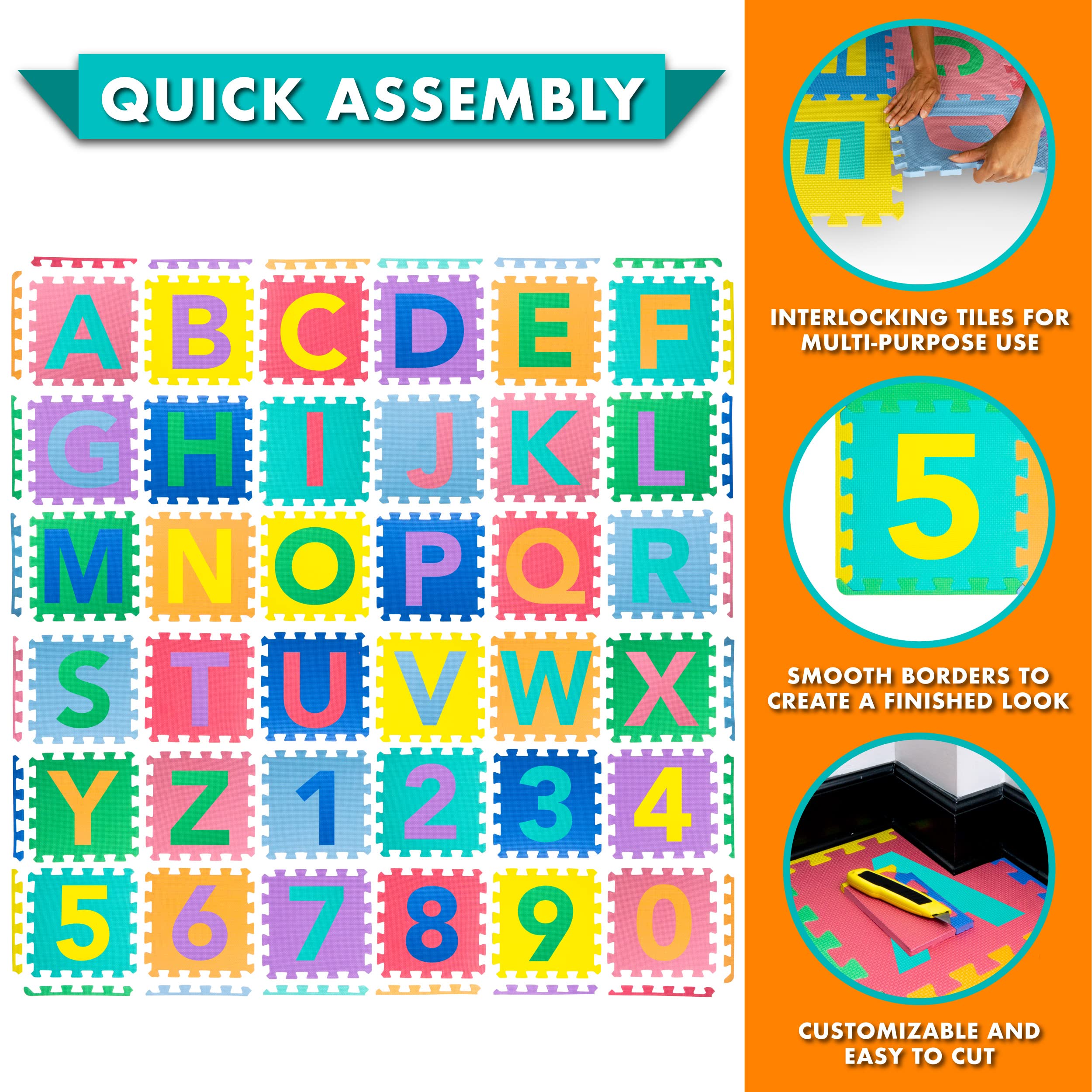 ProSource Kids Puzzle Alphabet, Numbers, 36 Tiles and Edges Play Mat, 12"x12", Abc & 123