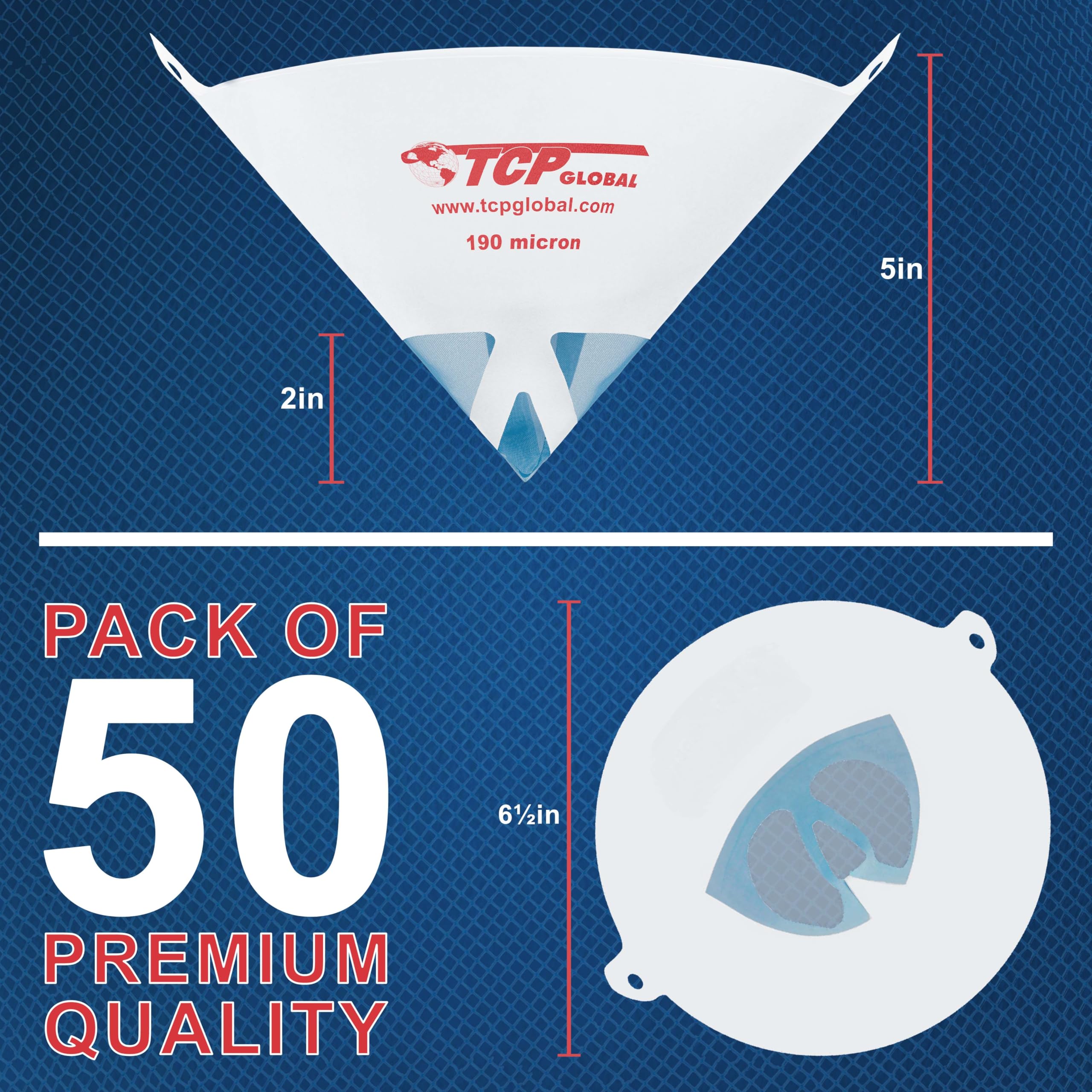 TCP Global - 190 Micron Filter Tips Ultra-Fine Paint Strainer (50 Pack) - Pure Blue Nylon Mesh Cone Strainer - Paint Filter Cones for Auto, House & Hobby