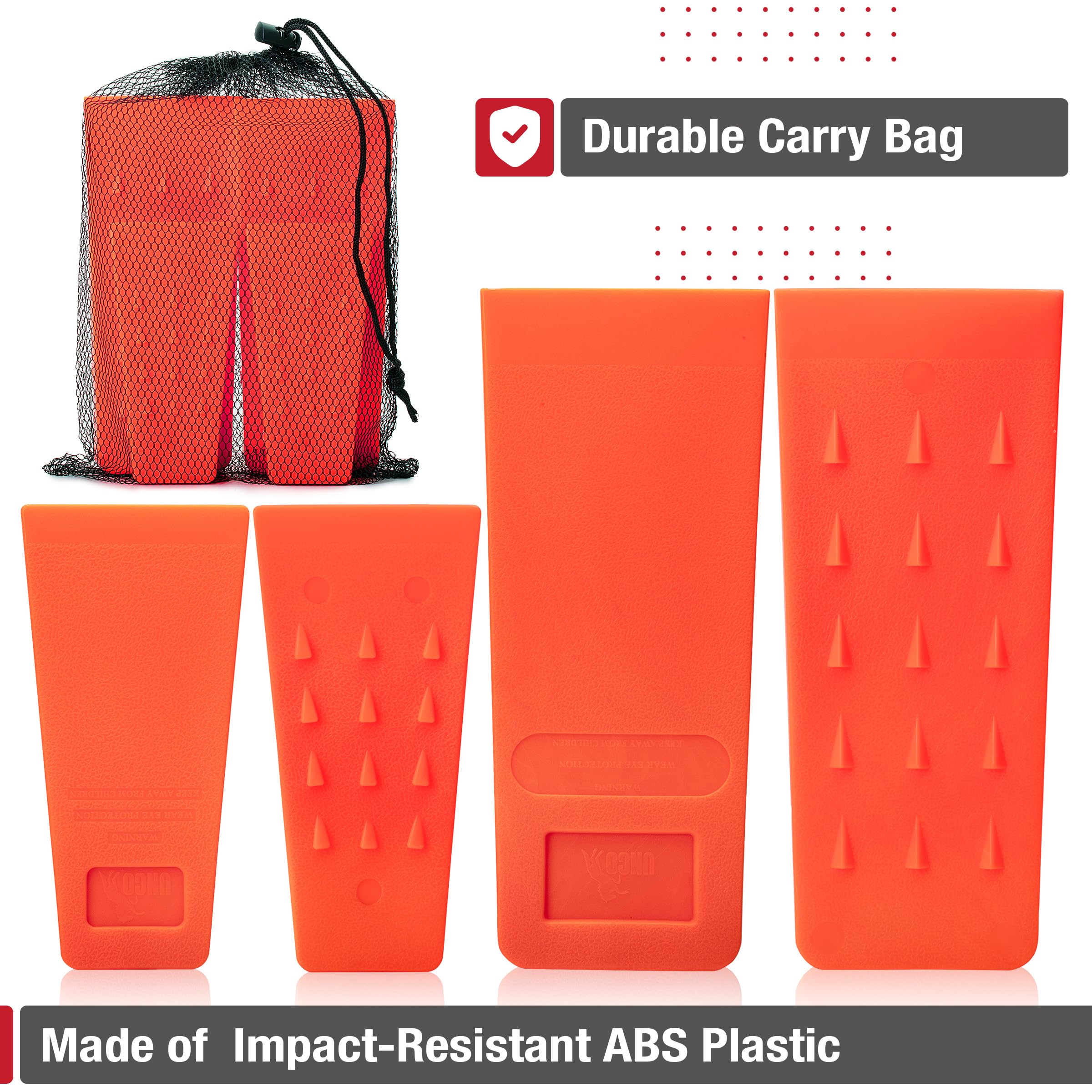 UNCO- Tree Felling Wedges with Spikes, 4Pack, 5.5" & 8" Wedges with Storage Bag, Splitting Wedge, Plastic Wedges, Logging Tools and Equipment, Chainsaw Wedges for Trees