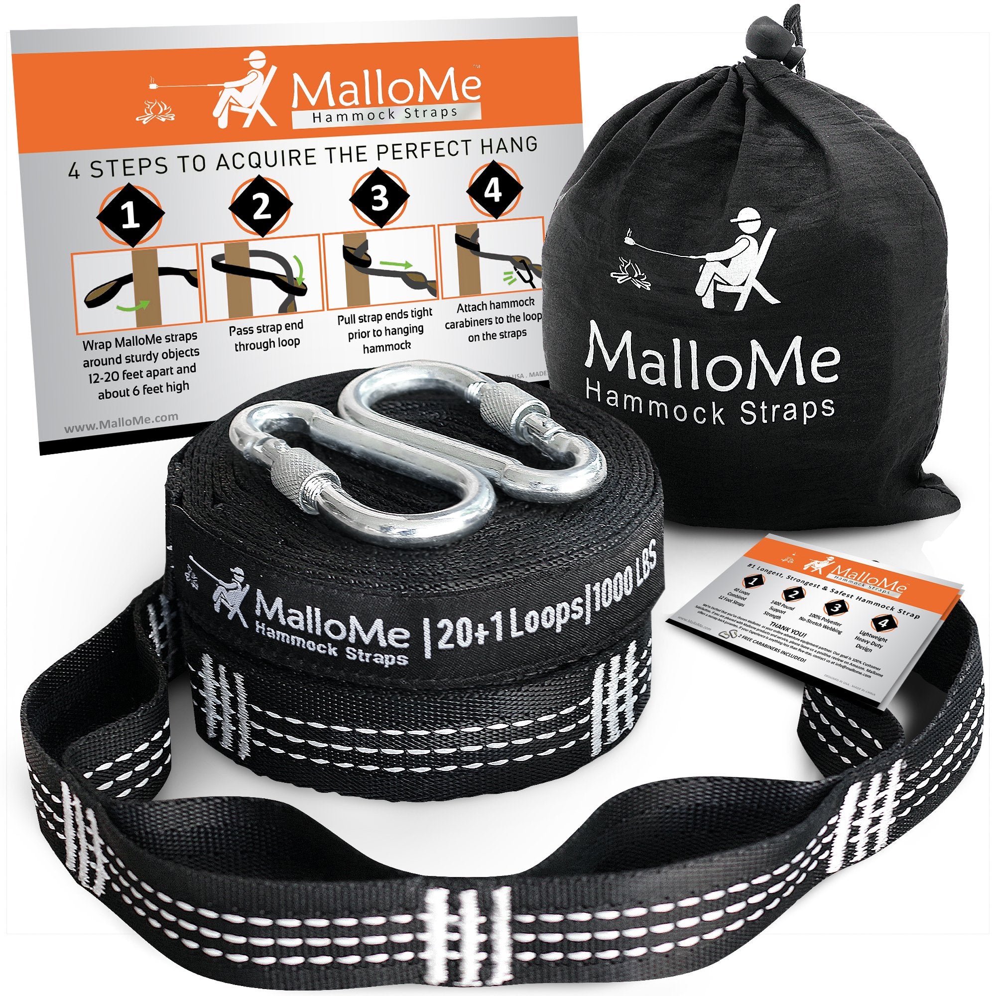 MalloMe XL Hammock Straps for Trees - Hammock Tree Straps Set 2000+ LBS Heavy Duty 40 Loops & 100% No Stretch Suspension System Kit - Camping Hammocks Accessories | 2 Carabiners | 12 Feet Black
