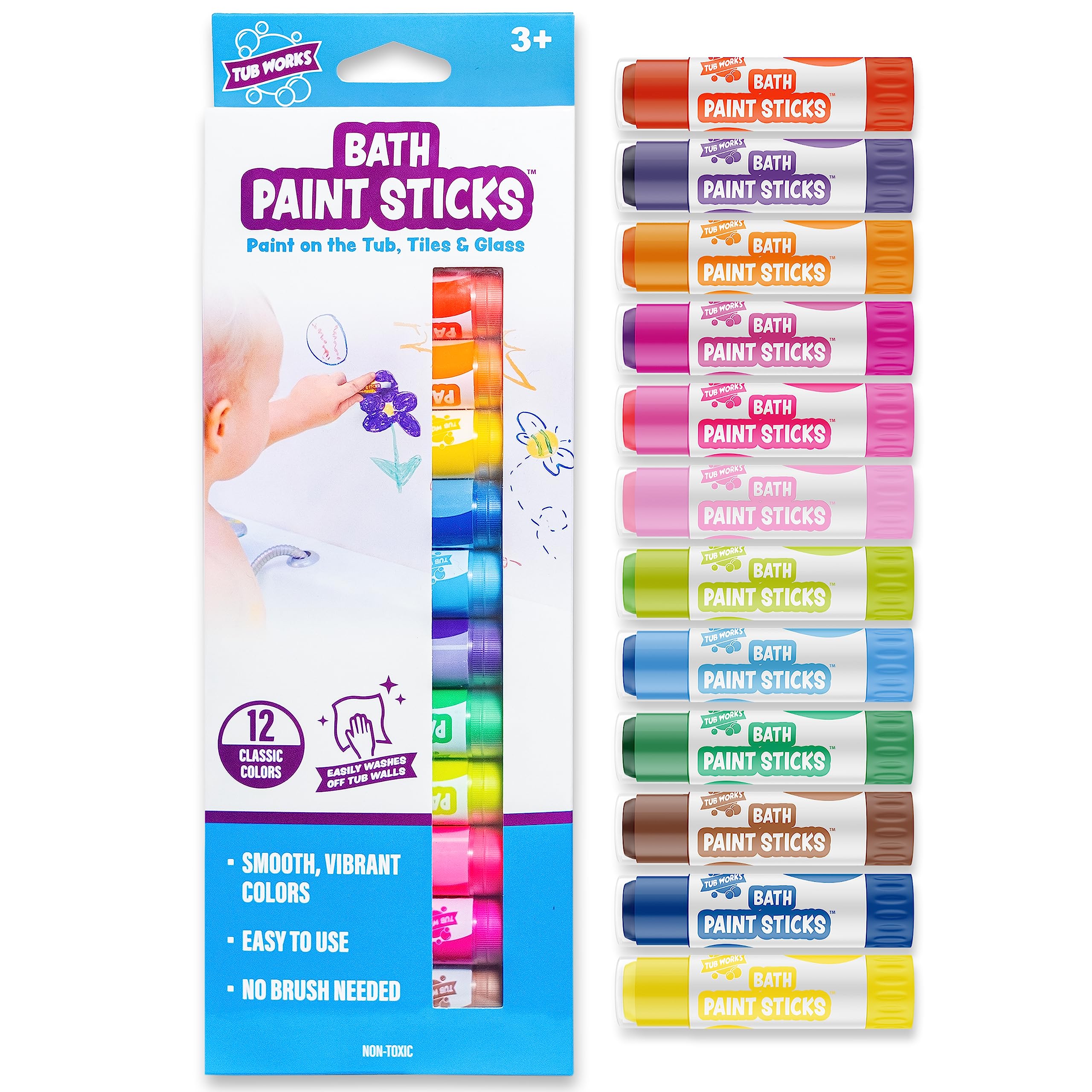 Tub Works Bath Paint Sticks Bath Toy, 12 Count | Nontoxic, Washable Bathtub Paint for Kids & Toddlers | Twistable Sticks Draw Smoothly on Tub Walls | Smooth, Vibrant Alternative to Bath Crayons