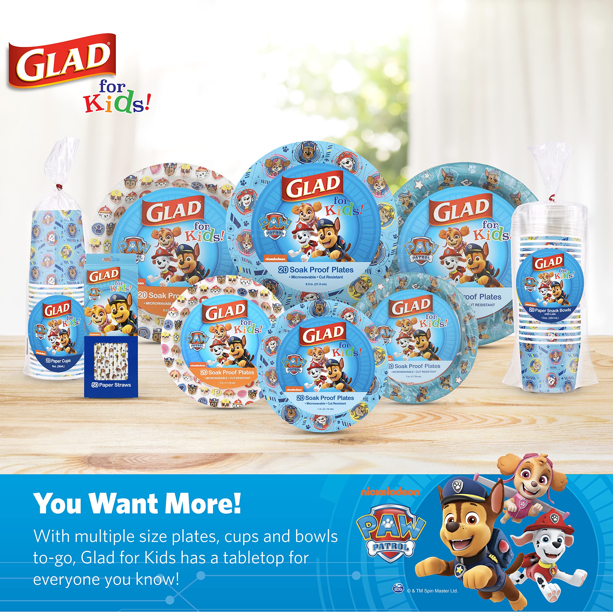 Glad for Kids Paw Patrol Round Disposable Paper Plates, Core Pups Blue - Heavy Duty, Soak Proof, Microwavable Plates for Everyday Use, 8.5 Inch, 20 Count