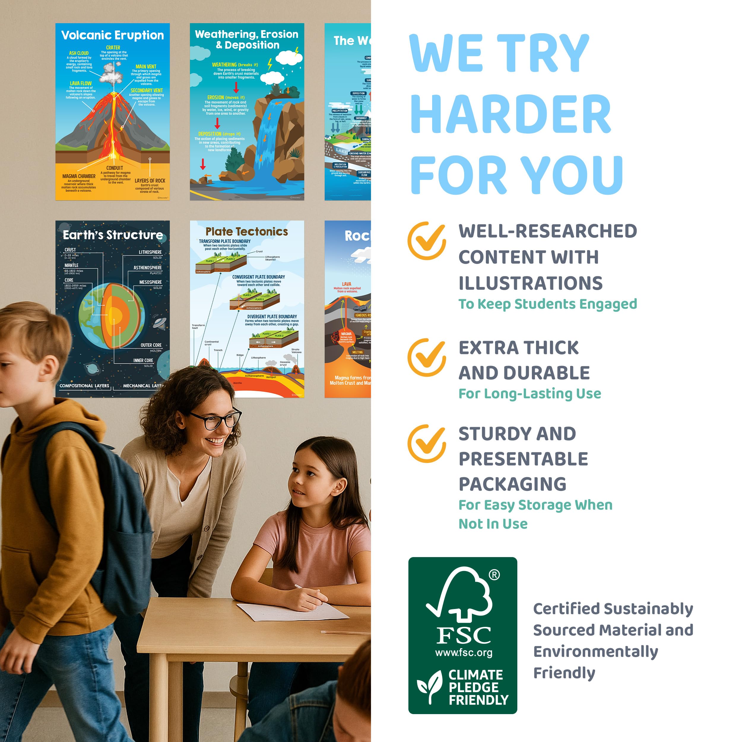 Decorably 14 Earth Science Posters for Classroom Middle School, 11x17in Matte-Laminated Educational Science Decorations for Classroom - School Hallways, Bulletin Boards, Home Study Room