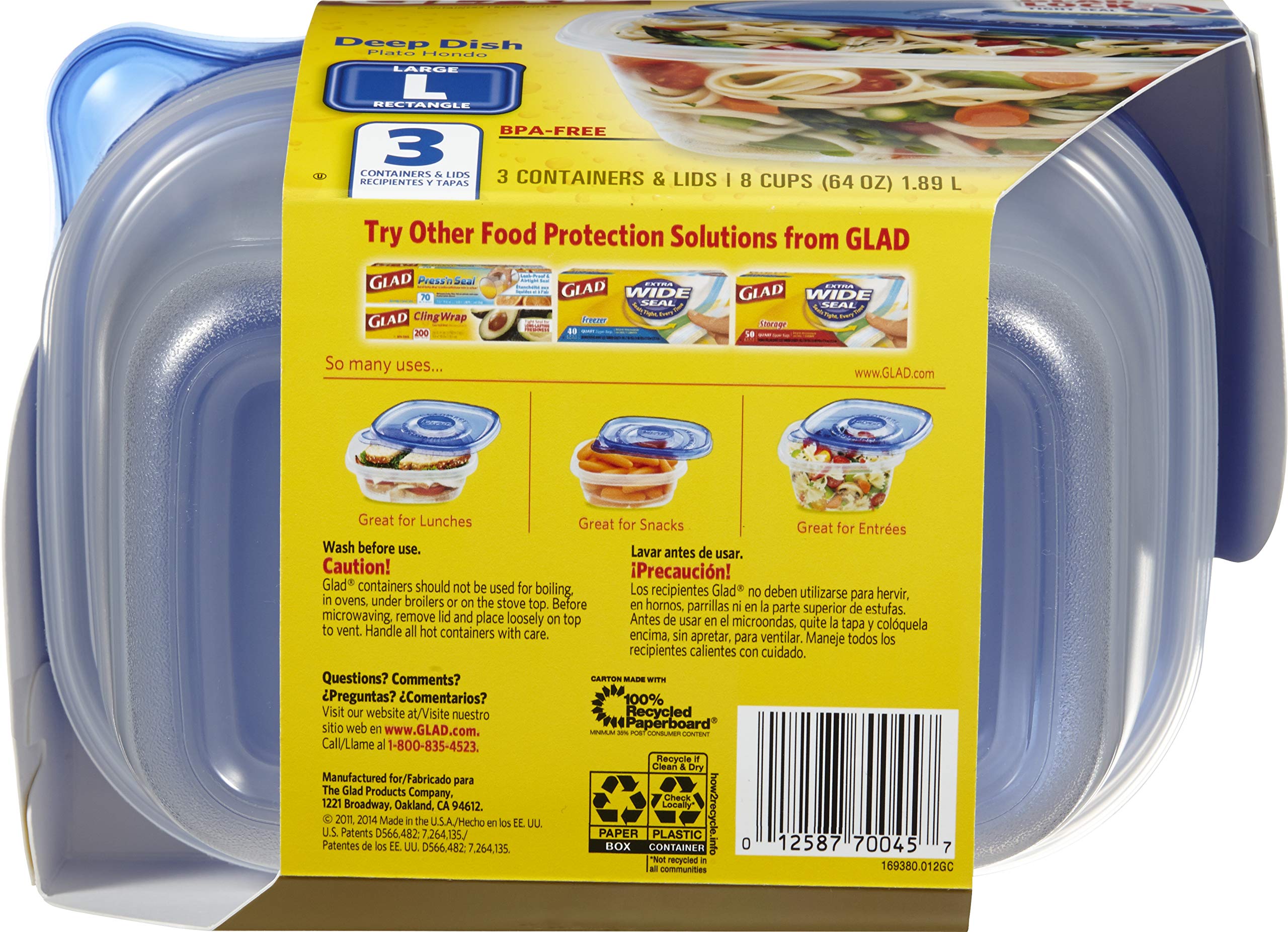 Glad Food Storage Containers, Deep Dish, 64 Ounce, 3 Count