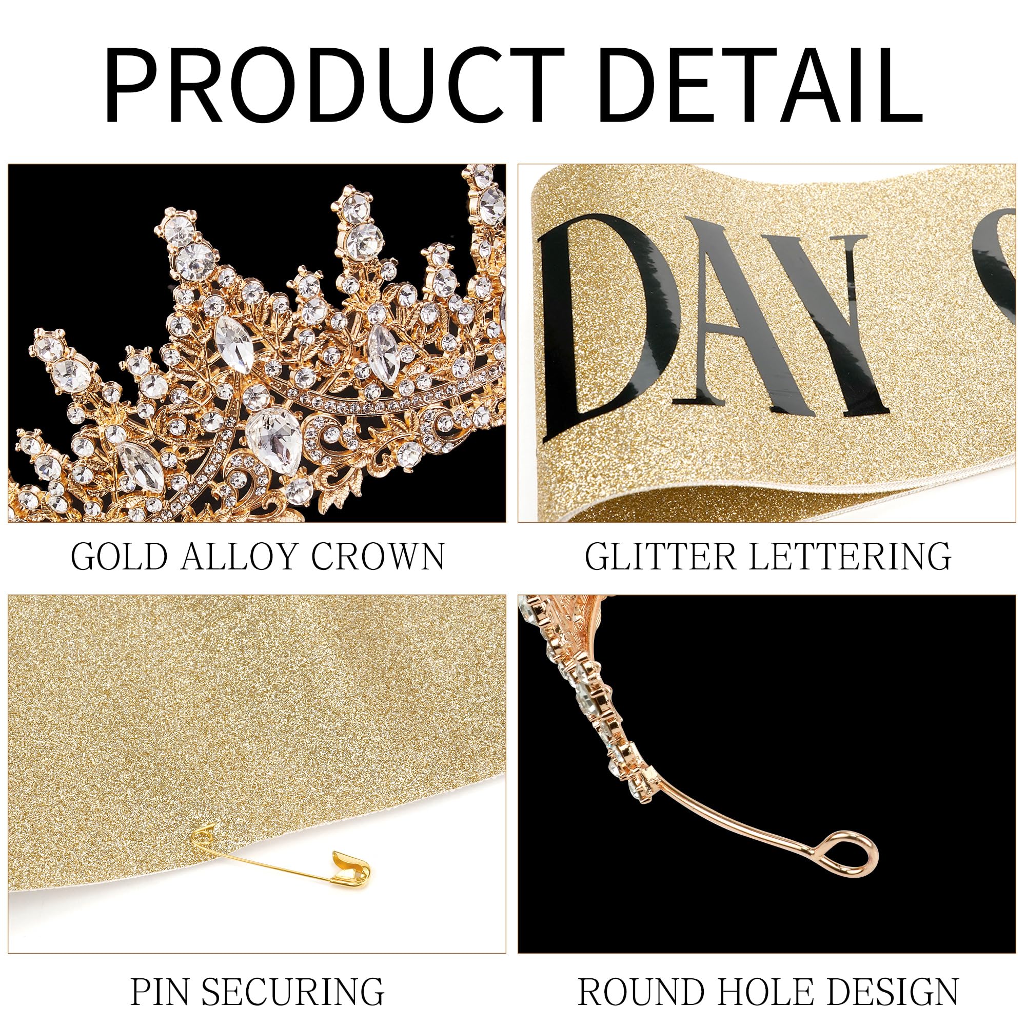Birthday Sash and Crown for Women, Gold Crystal Princess Tiaras Rhinestone Queen Headband Wedding Bridal Hair Accessories, Birthday Prom Pageant Party Coming of Age Ceremony Photo Props