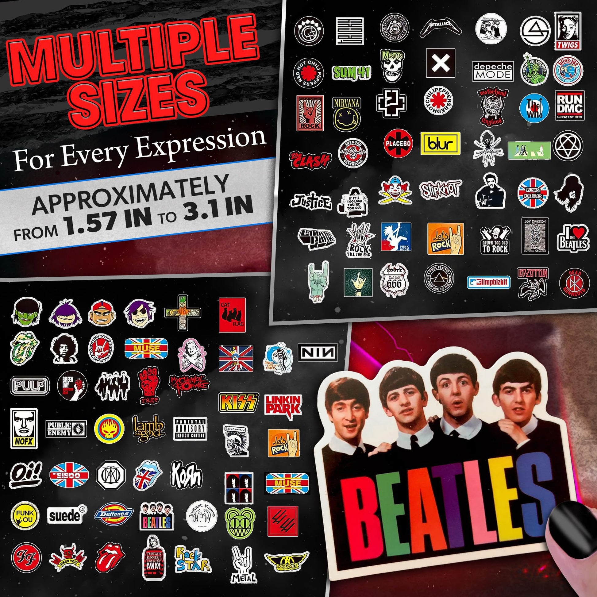 100 Pcs Rock Band Music Stickers – Durable and Waterproof Vinyl Stickers Featuring Iconic Bands | Punk, Metal, Rock Decals | Scratch-Resistant, Vibrant Colors for Laptops, Guitars, Water Bottles