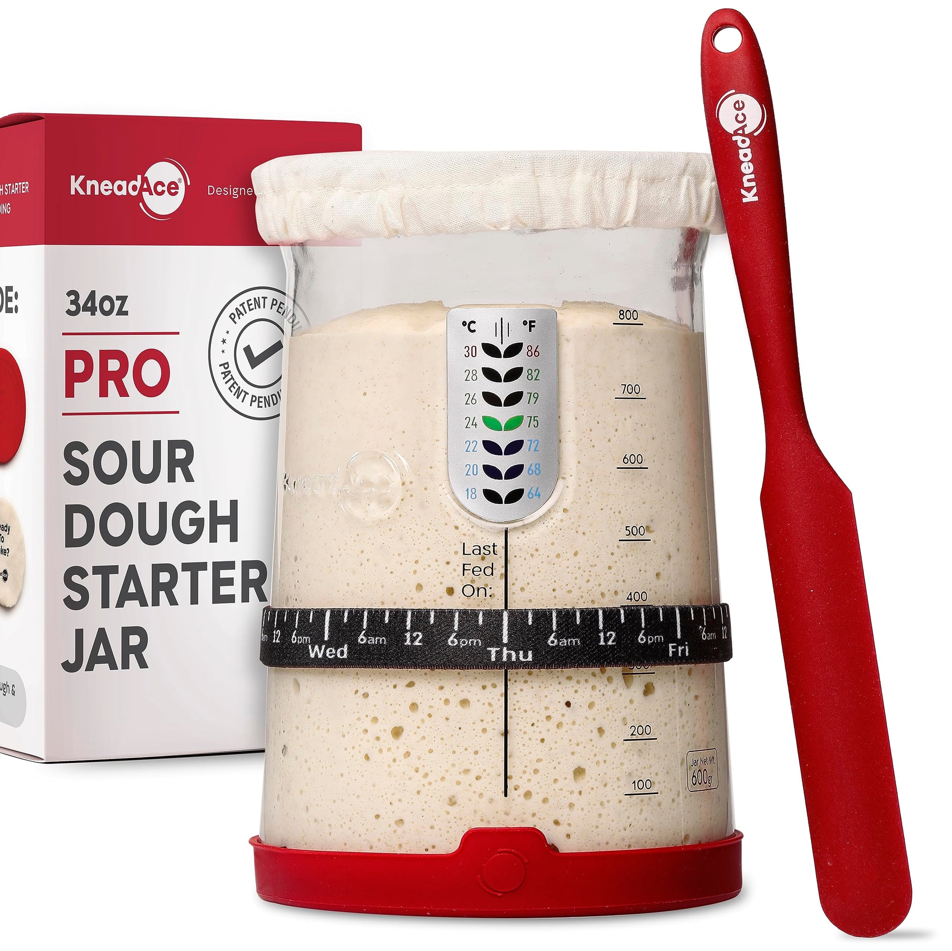 KNEADACE Pro Sourdough Starter Kit - 34oz Large Capacity Glass Fermentation Jar with Lid & Tracker, Sourdough Starter Fermenter for Homemade Sourdough, Bread Dough Prep & Culinary Fermentation, 1 Set