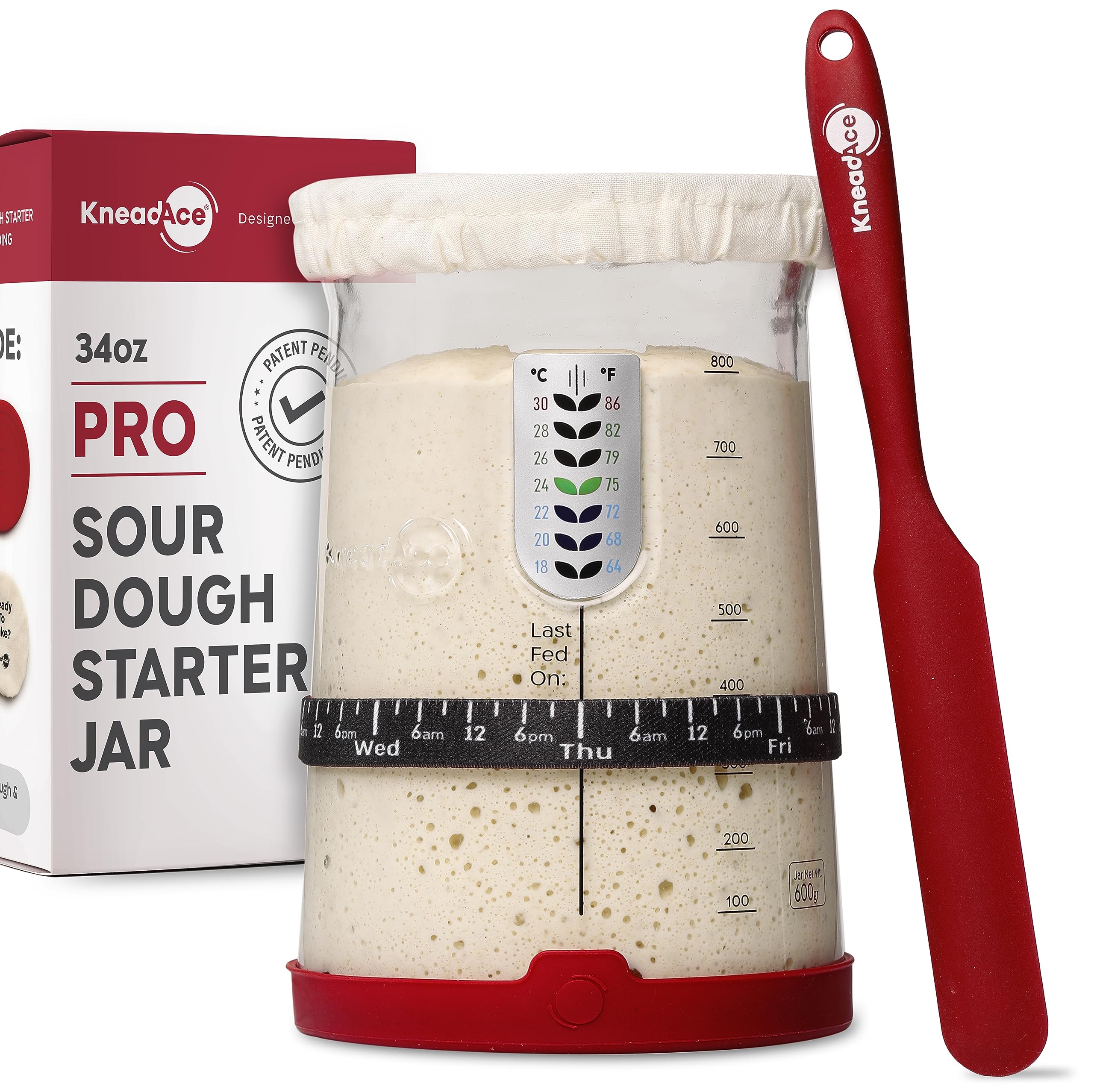 KNEADACE Pro Sourdough Starter Kit - 34oz Large Capacity Glass Fermentation Jar with Lid & Tracker, Sourdough Starter Fermenter for Homemade Sourdough, Bread Dough Prep & Culinary Fermentation, 1 Set