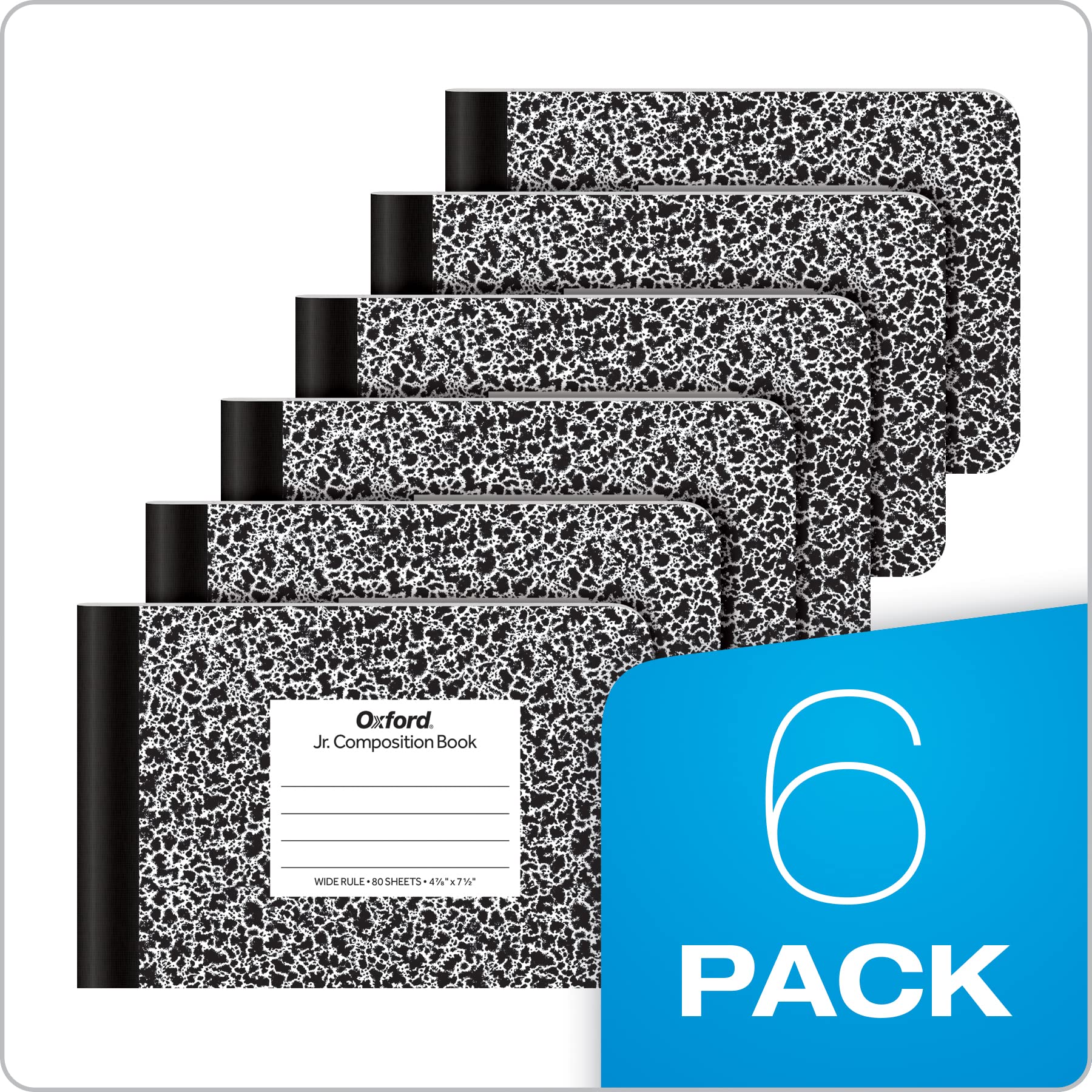 Oxford Jr. Composition Notebooks, School Supplies, Notebooks for School, Half Size, 4-7/8 x 7-1/2 Inches, Wide Ruled Paper, 80 Sheets, Kids Journal, Black Marble Covers, 6 Pack (63773)