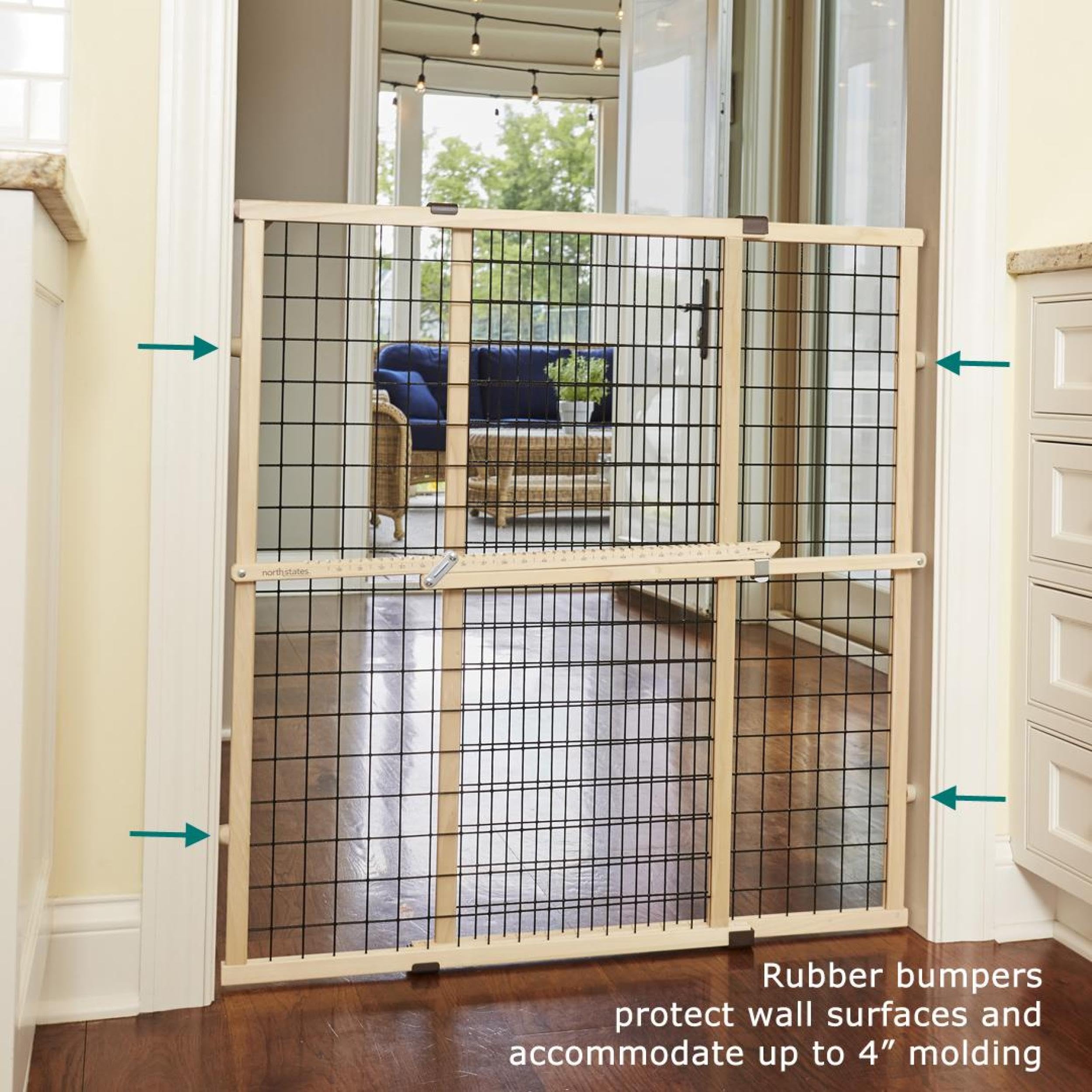 MYPET North States Wire Mesh Dog Gate: 29.5-48" Wide. Pressure Mount. No Tools Needed. Made in USA. Dog Gate 37" Tall, Expandable, Durable Dog Gates for Doorways, Sustainable Hardwood, Natural Finish