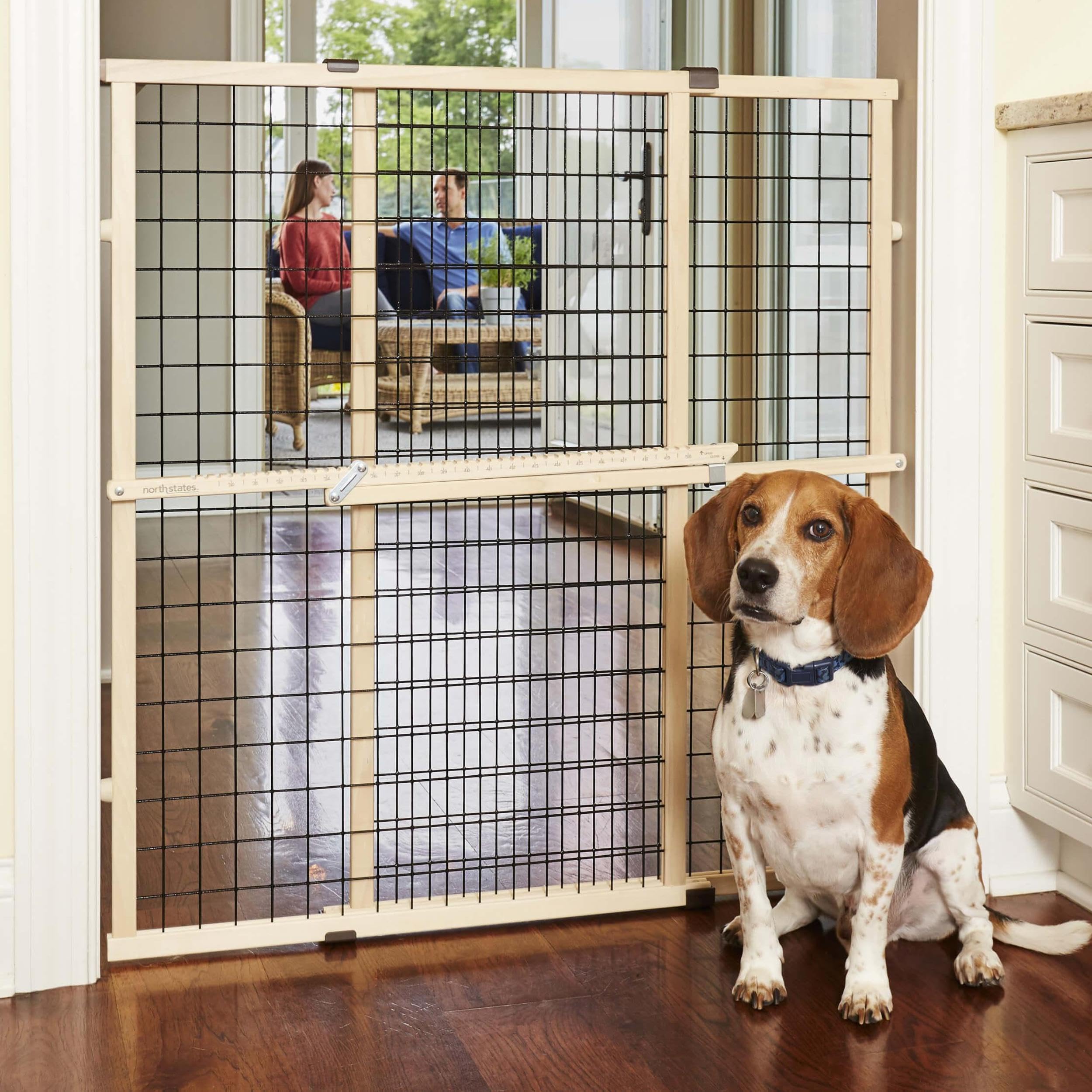 MYPET North States Wire Mesh Dog Gate: 29.5-48" Wide. Pressure Mount. No Tools Needed. Made in USA. Dog Gate 37" Tall, Expandable, Durable Dog Gates for Doorways, Sustainable Hardwood, Natural Finish