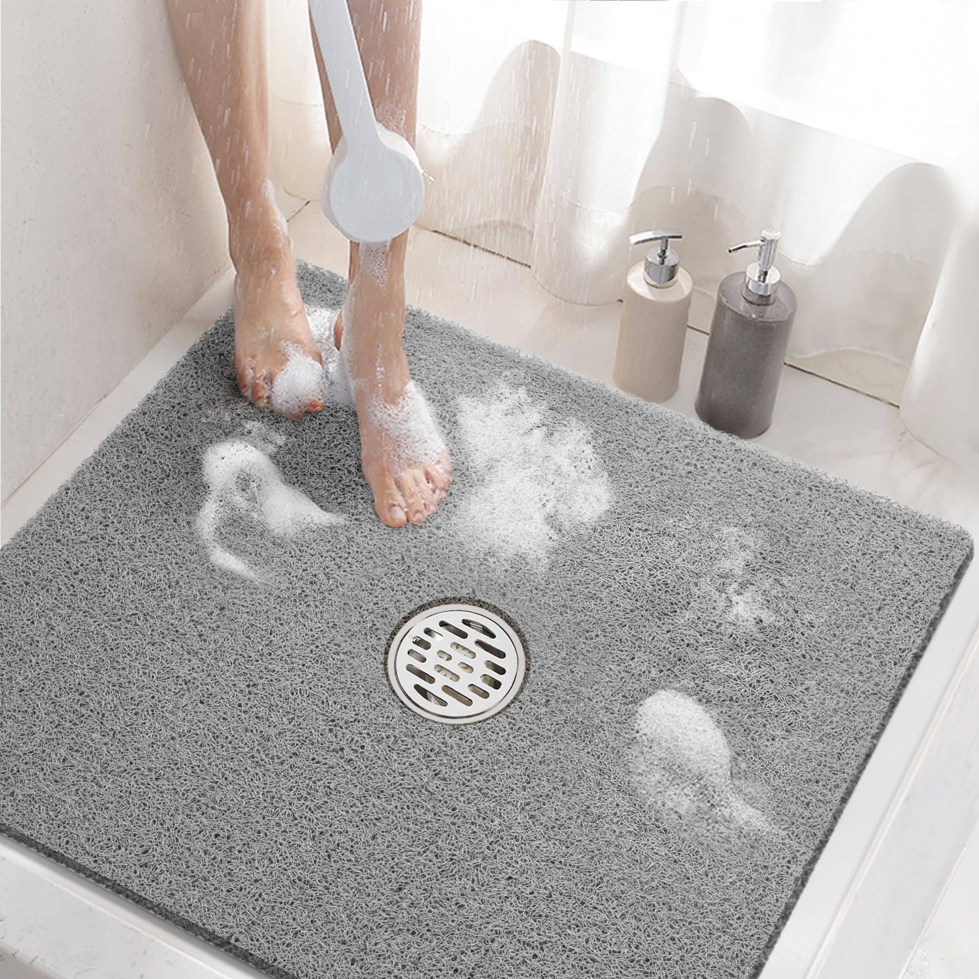 HITSLAM Quadratische Duschmatte, 61 x 61 cm, rutschfeste Badewannenmatte, weiche PVC-Luffa-Badewannenmatten mit Ablauflöchern, schnell trocknende Duschkabinen-Bodenmatte, Badaccessoires ohne Saugnapf, Grau