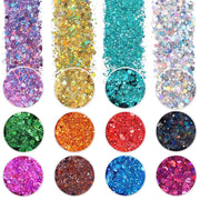 Holographic Chunky Glitter, Set of 12, Licool Craft Glitter for Resin Art Crafts, Cosmetic Glitter for Nail Body Face Eye, Epoxy Resin Sequin Flake Sparkle for Slime Tumbler Jewelry Making