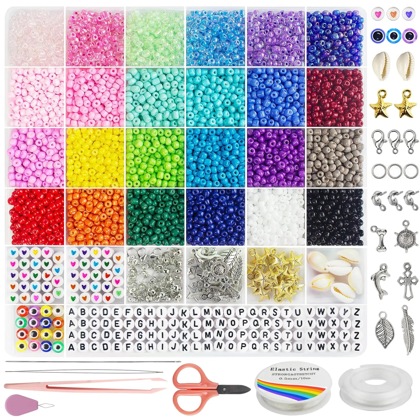 Redtwo 4mm Glass Seed Beads for Jewelry Bracelet Making Kit, Small Beads Friendship Bracelet Kit, Tiny Waist Beads with Letter Beads and Elastic String, DIY Art Craft Girls Gifts.