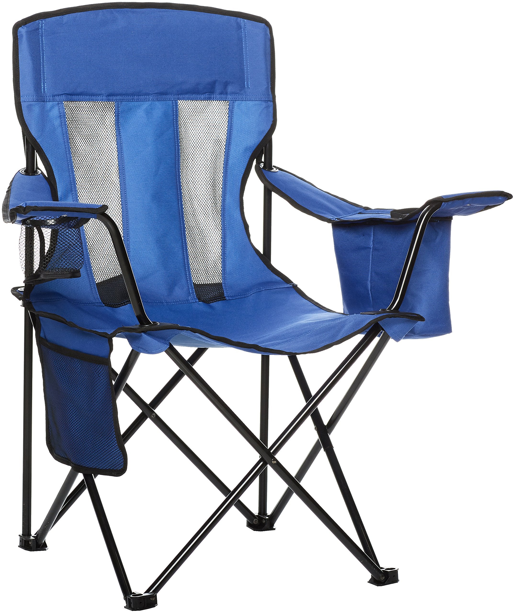 Amazon Basics Tragbarer Campingstuhl mit 4-Dosen-Kühler, Seitentasche, Getränkehalter und Tragetasche, zusammenklappbar für Camping, Tailgating, Strand und Sport, groß, Netzrücken, blau