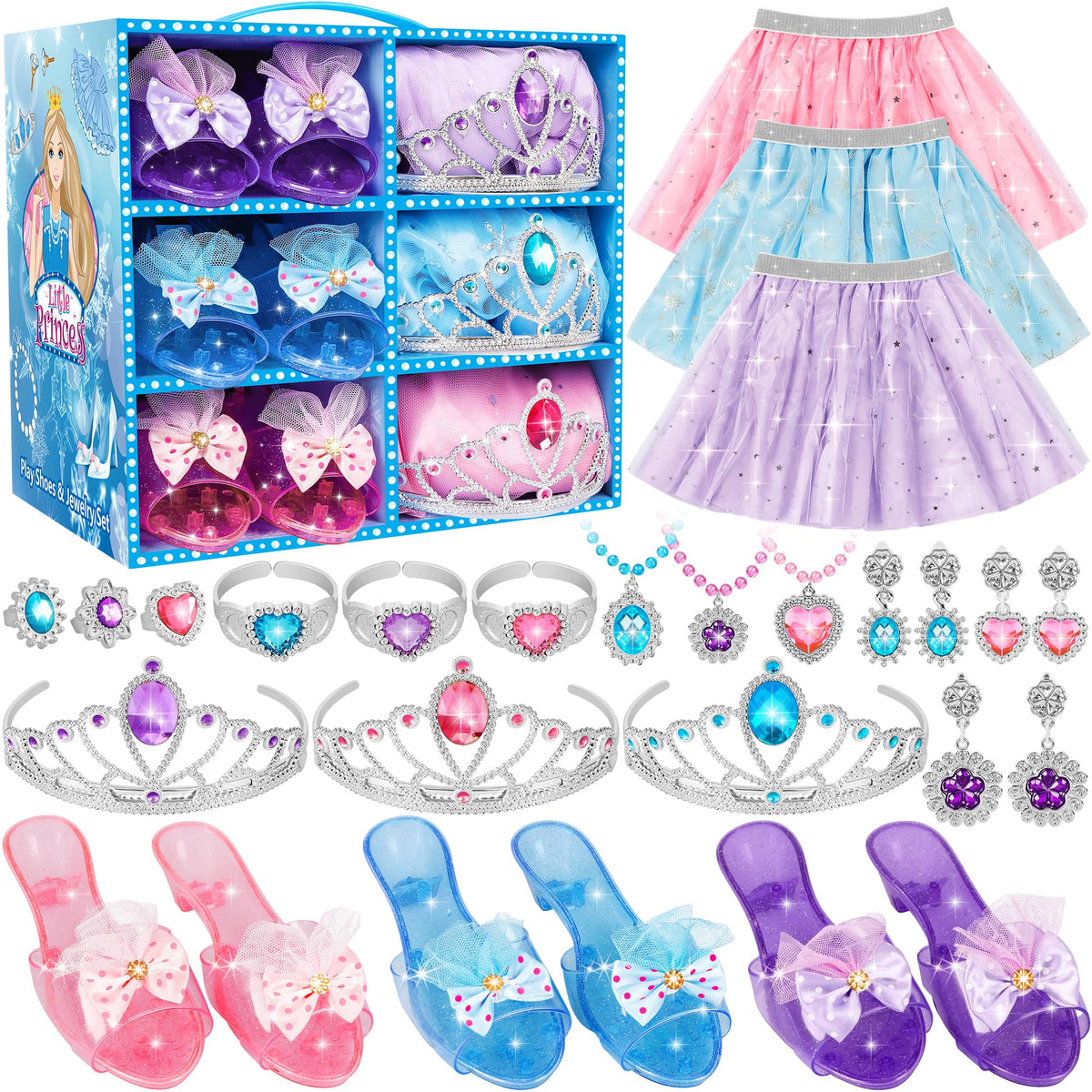 LJZJ Princess Dress Up Toys & Jewelry Boutique, Costumes Set incl Color Skirts, Shoes, Crowns, Accessories, Girls Role Play Gift for 3 4 5 6 Year old Girl Toddler B-day Party Favors