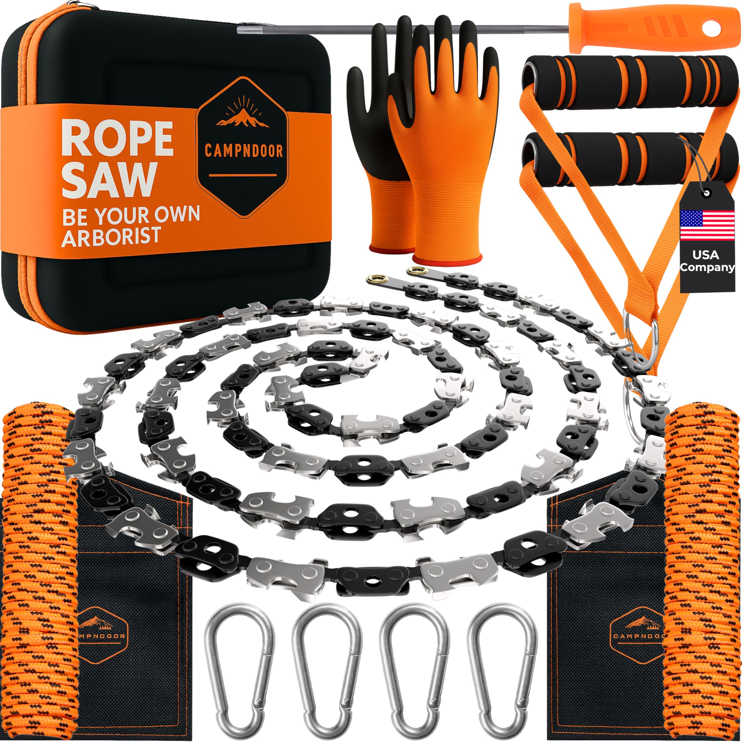 CAMPNDOOR Hochentaster mit Seilsäge 135 cm – Mühelose 360°-Seilsäge – Scharfer manueller Astschneider – Handsäge mit ergonomischen Griffen und Tragetasche – Schnelle und einfache Taschen-Kettensäge