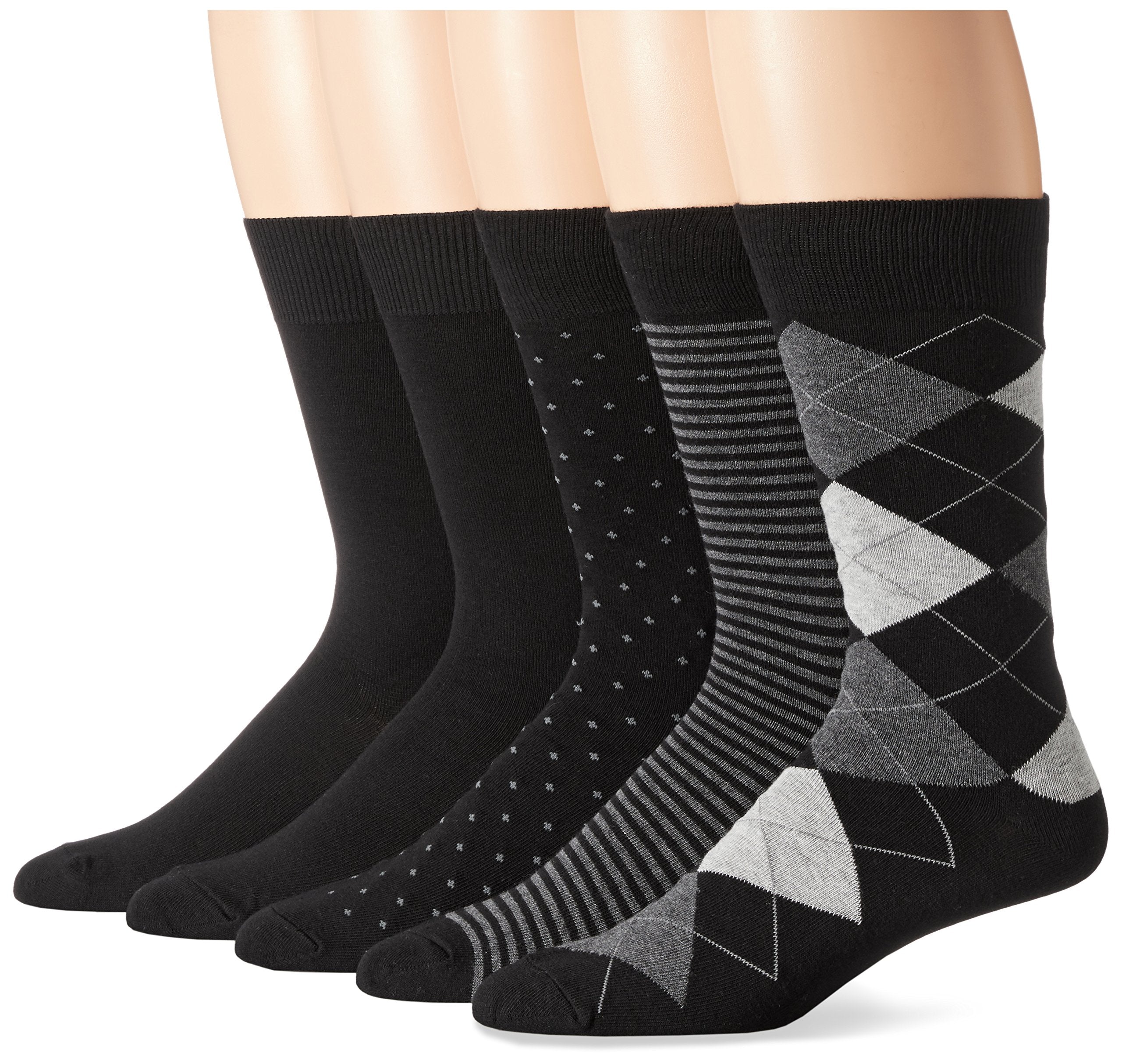 Essentials Mens Comfortable Patterned Dress Socks, 5 Pairs, Black/Dots/Plaid/Stripe, Size 8-12
