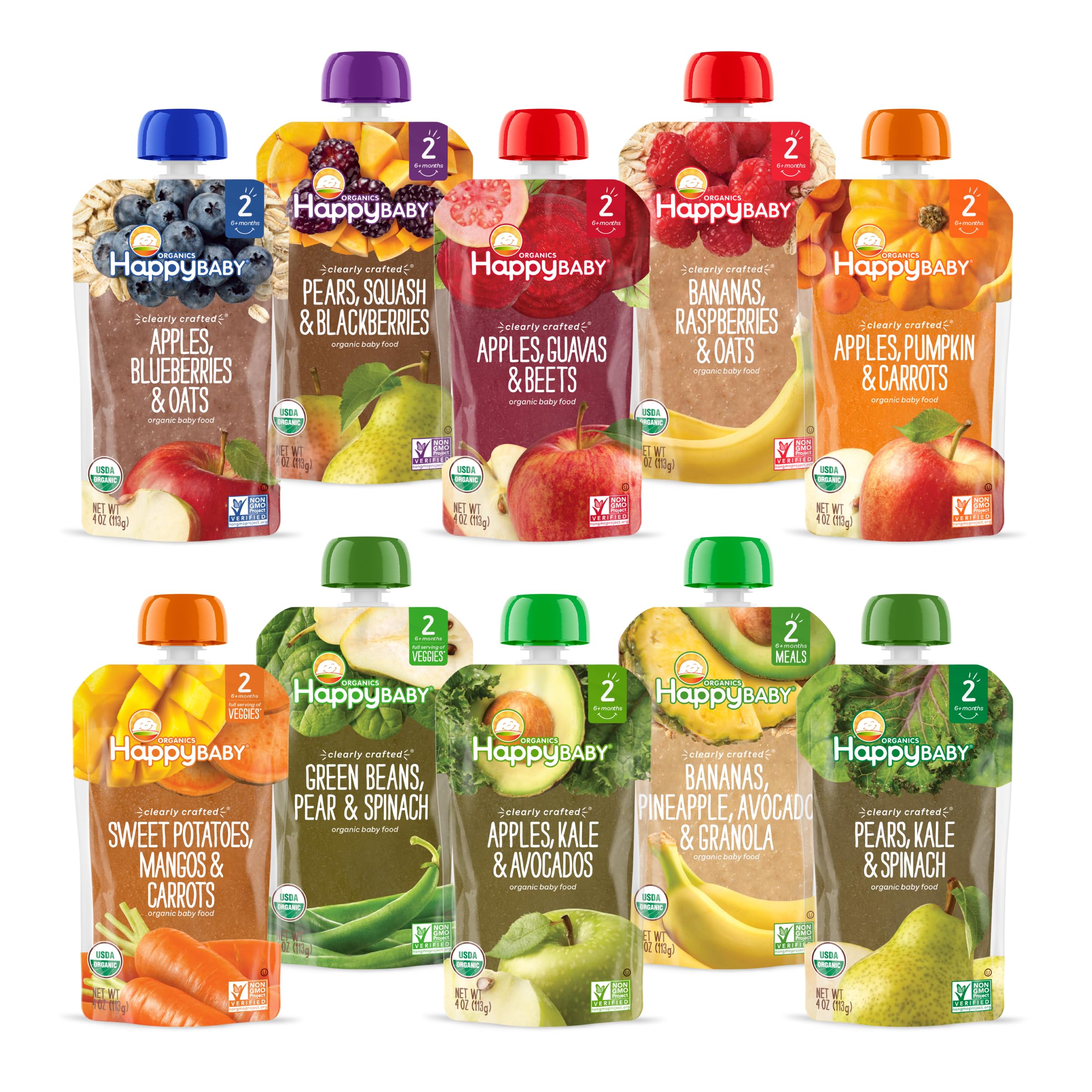 Happy Baby Organics Stage 2 Baby Food Pouches, Gluten Free, Vegan & Healthy Snack, Clearly Crafted Fruit & Veggie Puree, Fruit & Veggie Variety Pack, 4 Ounces (Pack of 10), Exclusive