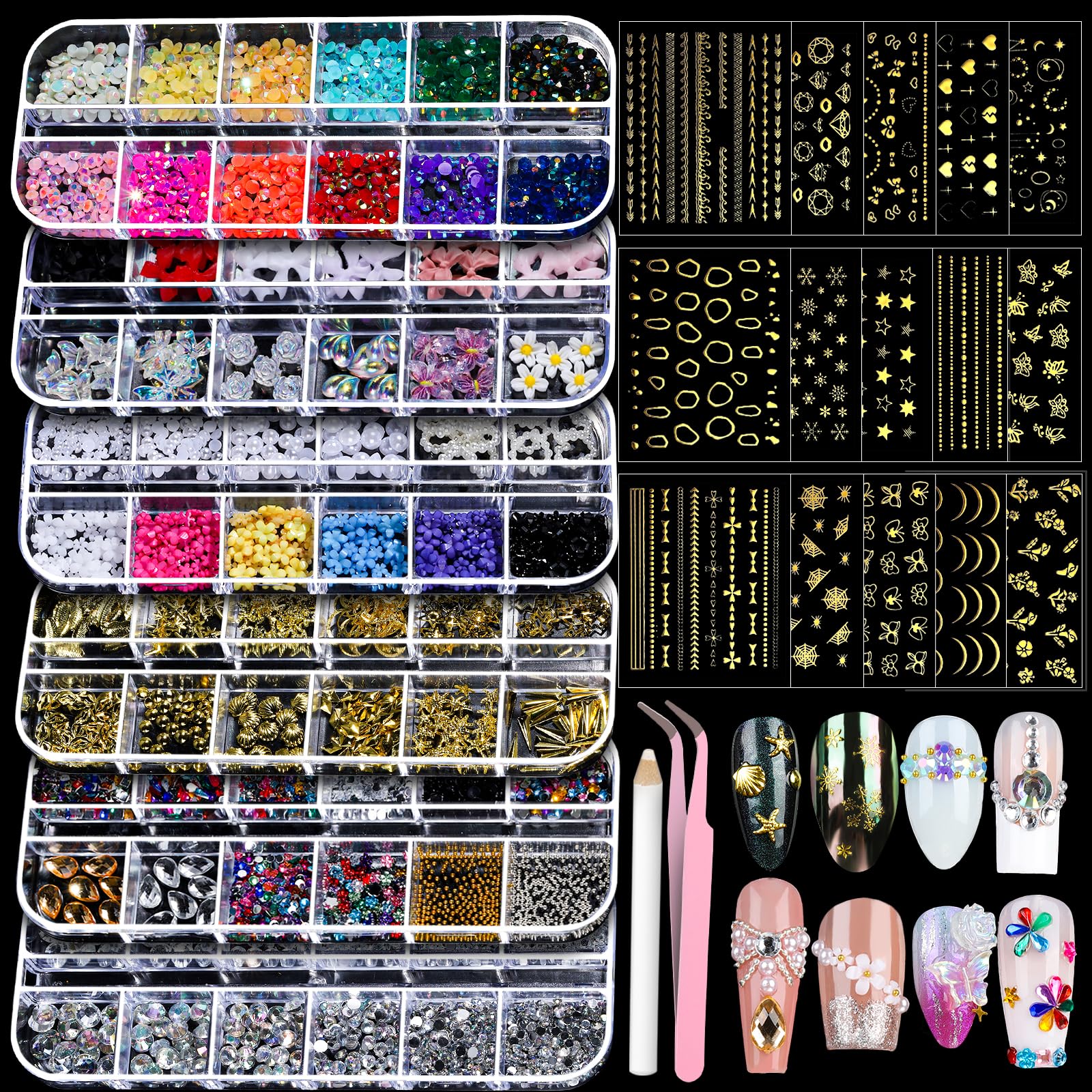 مجموعة فن الأظافر Teenitor Nail Charms مع 15 ورقة ملصقات أظافر ذهبية، 6 علب من أحجار الأظافر الكريمة، أدوات فن الأظافر، أحجار الراين للأظافر، لوازم الأظافر، تعليقات أظافر ثلاثية الأبعاد وأحجار كريمة، ملصقات أظافر، لؤلؤ للأظافر
