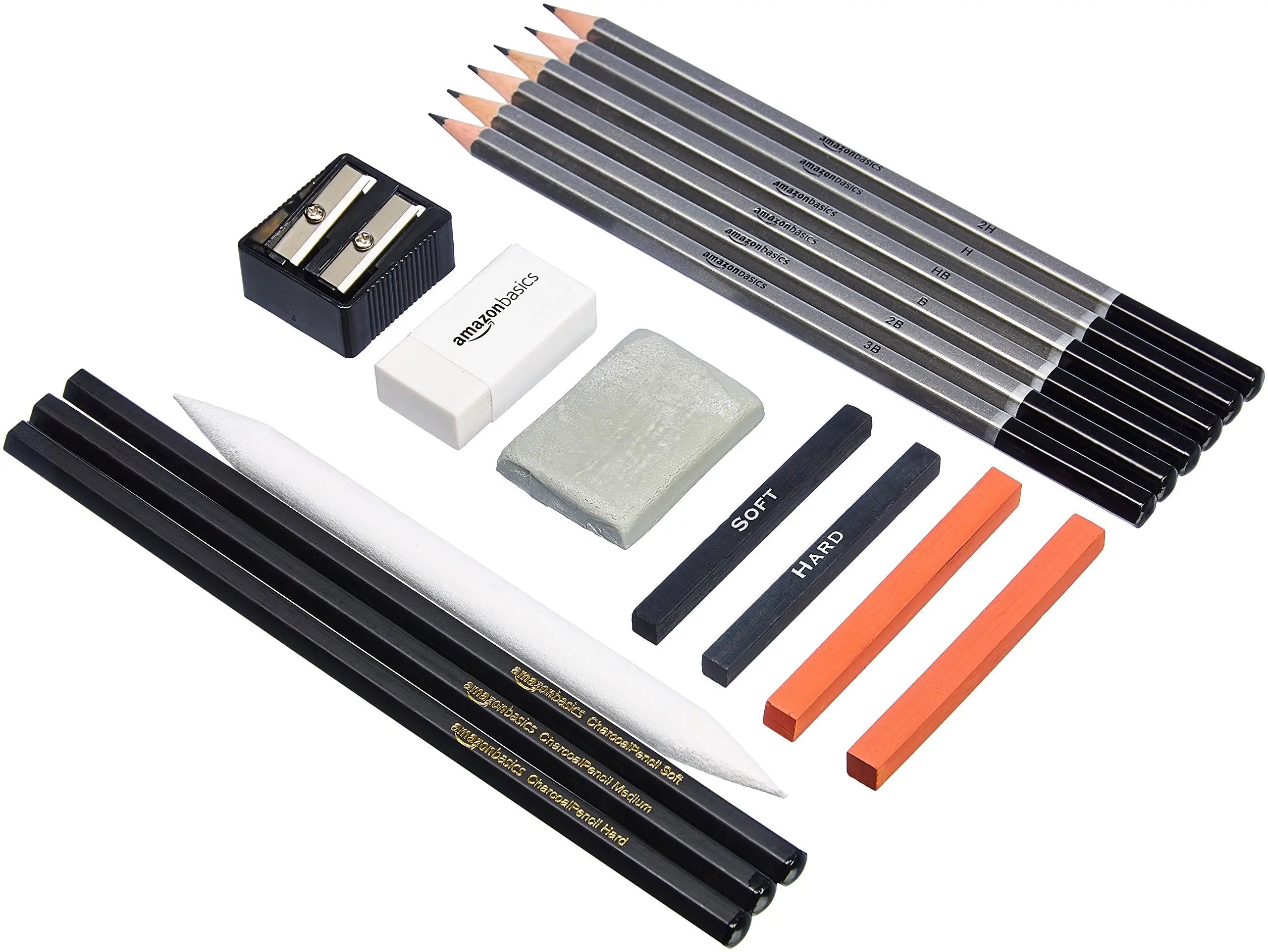 Amazon Basics Sketching and Drawing Art Pencil Kit, Artist Supplies with Pencils, Erasers, Sharpener, Charcoal, Black, White, 17 Piece Set