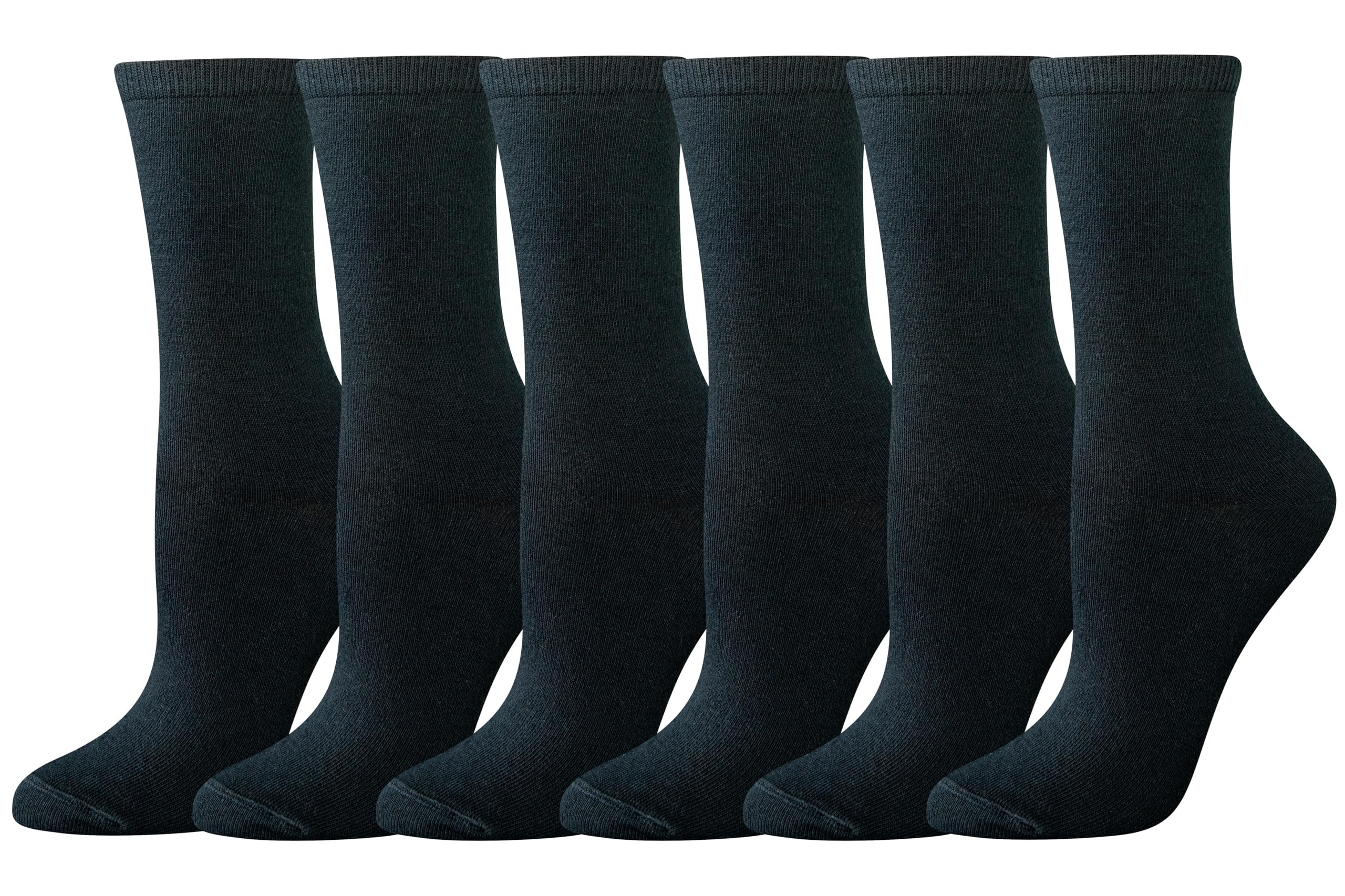 Essentials Women's Crew Socks, Cotton, 6 Pairs, Black, 6-9