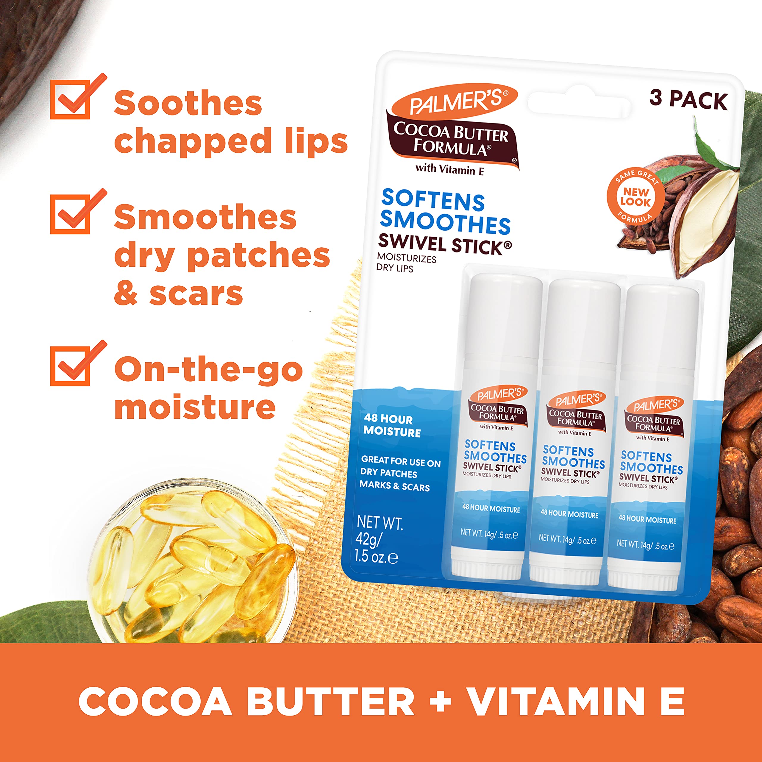 Palmer's Cocoa Butter Formula Moisturizing Swivel Stick with Vitamin E, Lip Balm Easter Basket Stuffer, Face & Body Moisturizer Stick, Ideal for Treating Dry Skin Patches (Pack of 3)