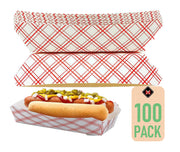 Mr Miracle 7 Inch Paper Hot Dog Tray in Red White Pattern. Pack of 100. Disposable, Recyclable and Fully Biodegradable. Made in USA