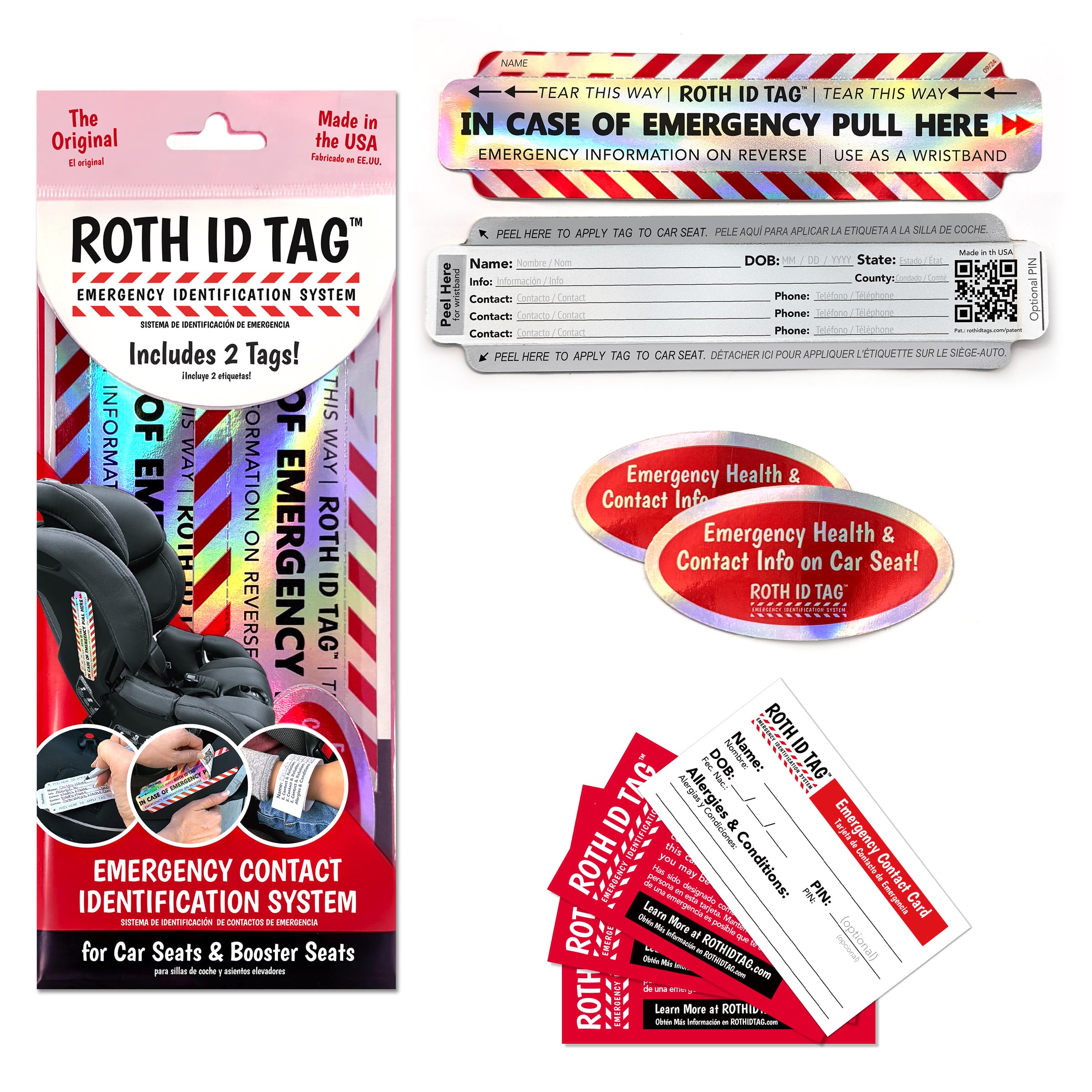 Original ROTH ID TAG™ Kit | Emergency Contact Identification System for Car Seats, Red, White, Black