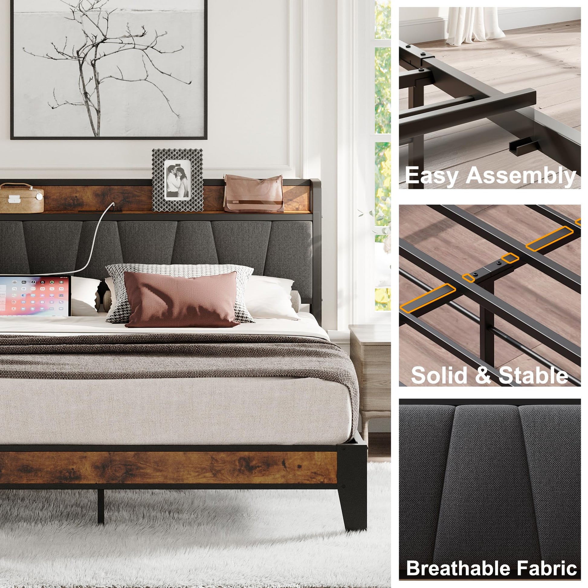 LIKIMIO King Size Bed Frame, Storage Headboard with Charging Station, Solid and Stable, Noise Free, No Box Spring Needed, Easy Assembly