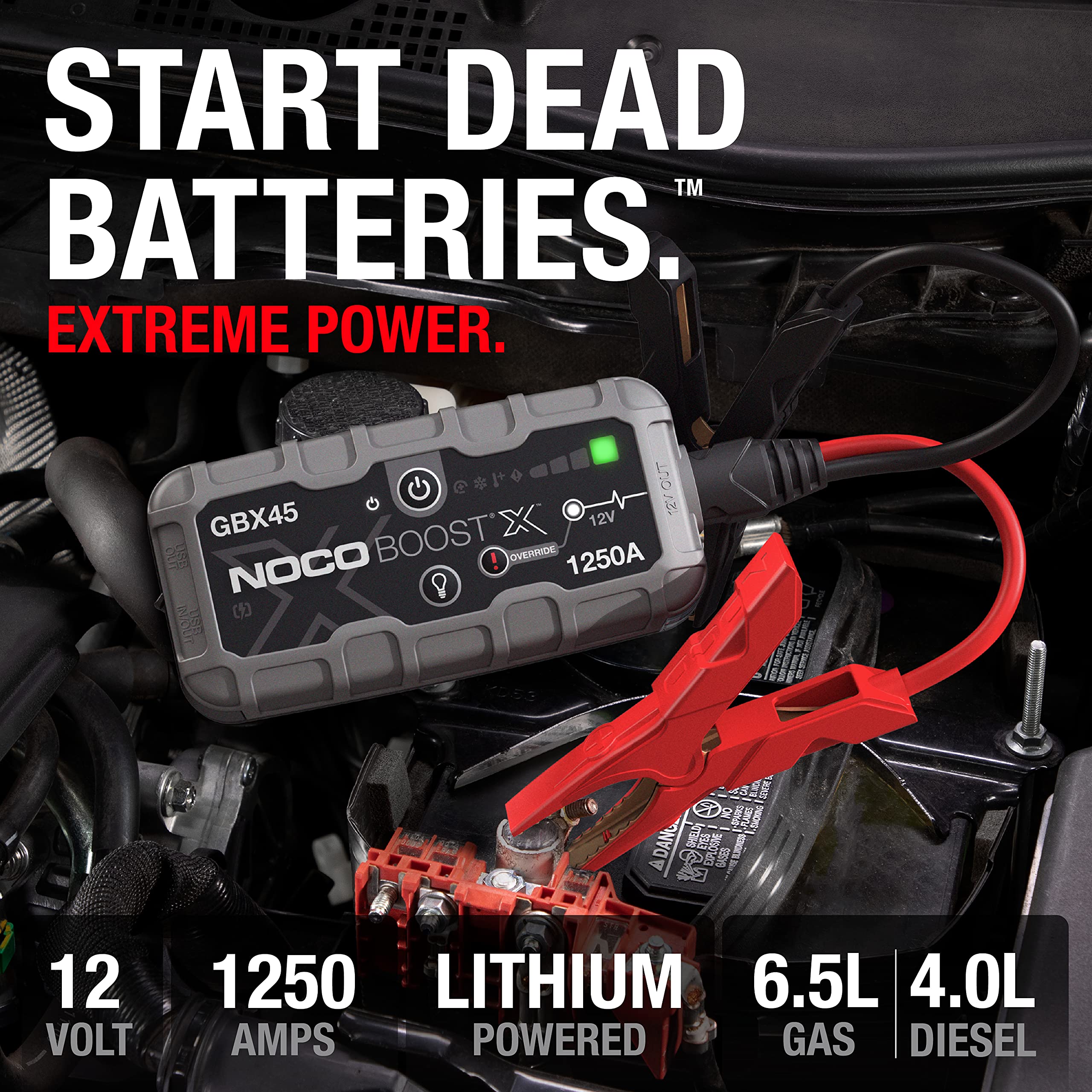 NOCO Boost X GBX45: 1250A UltraSafe Jump Starter – 12V Lithium Battery Booster Pack, Portable Jump Box, Power Bank & Jumper Cables - for 6.5L Gas and 4.0L Diesel Engines