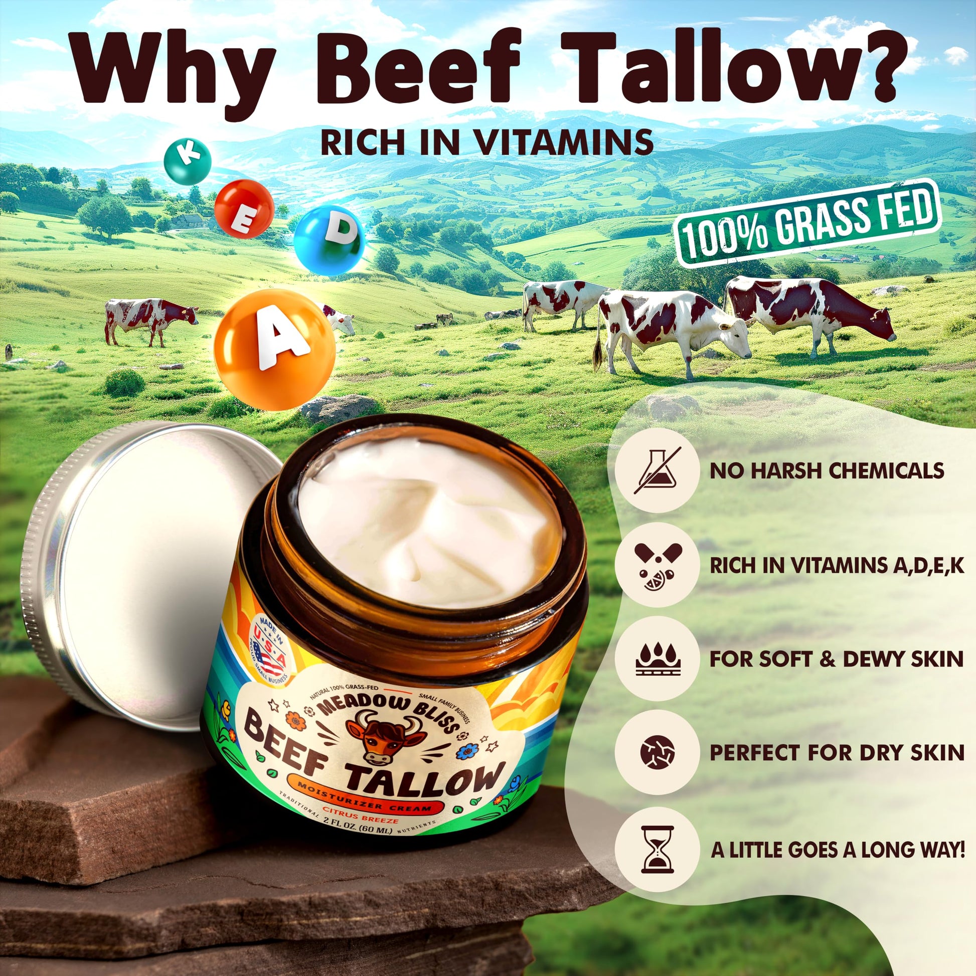 Meadow Bliss Beef Tallow for Skin - Moisturizer Cream - 100% Grass Fed - Whipped Beef Tallow - Organic Jojoba Oil - Organic Shea Butter - Supports Eczema, Rosacea+ - Made in USA - Citrus Breeze - 2 oz