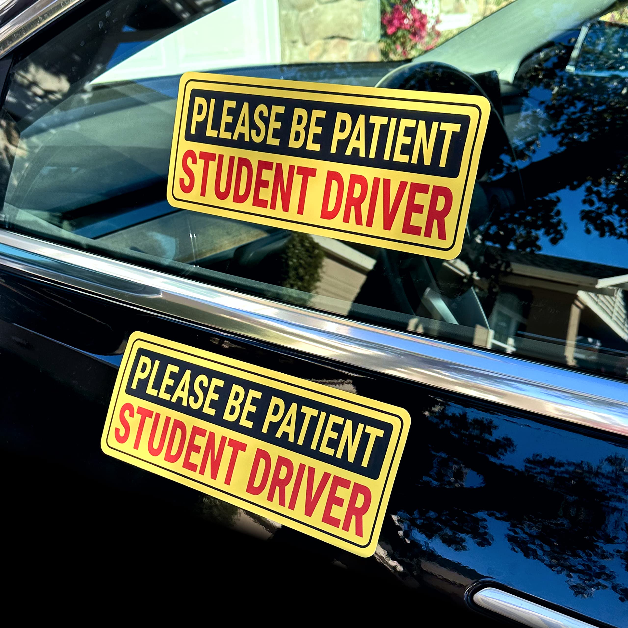 Stickios Non-Magnetic Student Driver Stickers - Removable Vinyl Decal Signs for Cars & Windows - Made in USA (10x4 inches, 2-Pack)